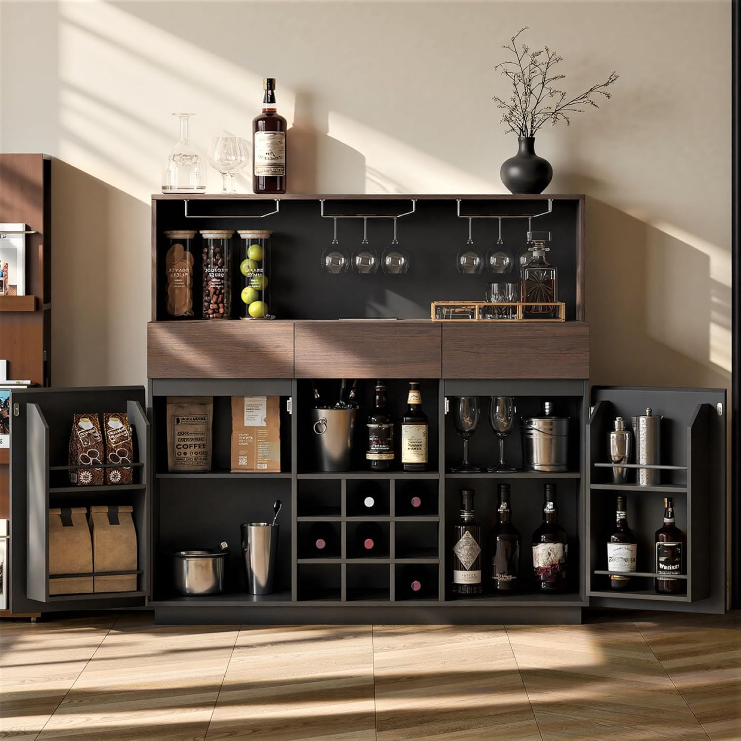 Wine Cabinet with 3 Drawers, Coffee Bar Cabinet with LED Lights, Stemware Holders Wine Racks, Home Bar with Charging Station for Kitchen, Dining Room, Living Room