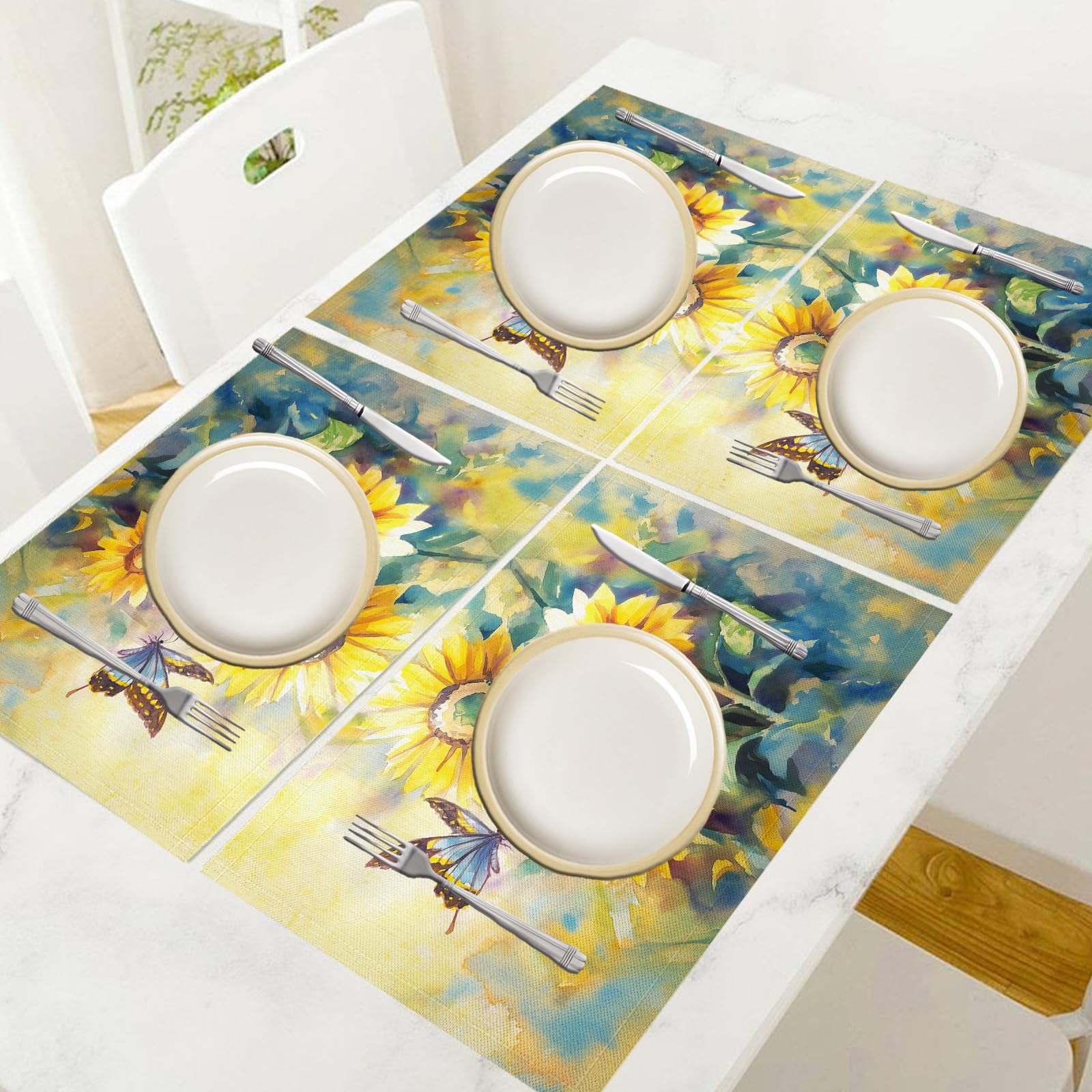 Set di 8 Tovagliette Americane Lavabili Cotone Lino Retrò - Tovaglietta Americana Resistenti al Calore Durevole Farfalla girasole - per Colazione Pranzo 30×45 cm