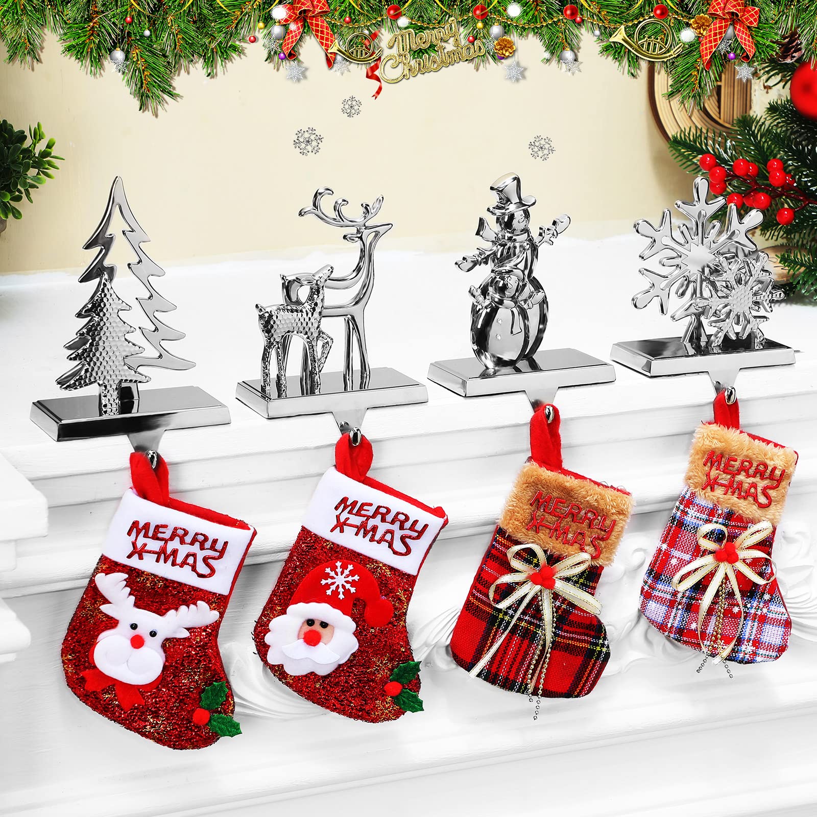 Christmas Stocking Holders for Mantel Double Snowflake Reindeer Snowman Tree Stocking Hanger Stocking Hooks Anti-Slip Mantle Hangers for Fireplace Christmas Home Party Decor (Layered Style,4 Pcs)