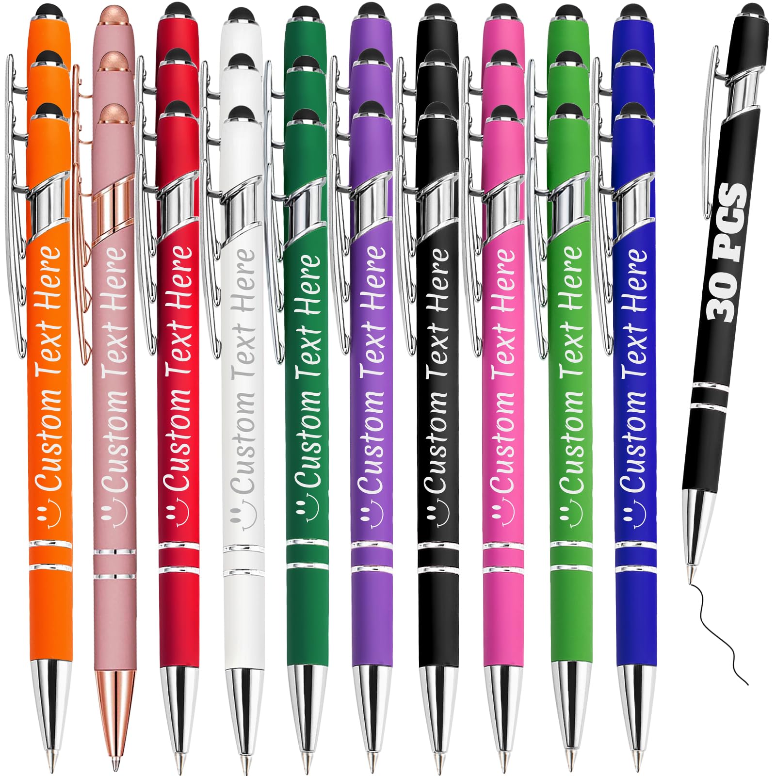 Personalised Pens Bulk 30 with Name Custom Engraving Ballpoint Pens with Stylus Tip Customised Smooth Writing Pens Personalised Gifts for Anniversary Birthday or Graduation(Assorted,Black Ink) — image 1