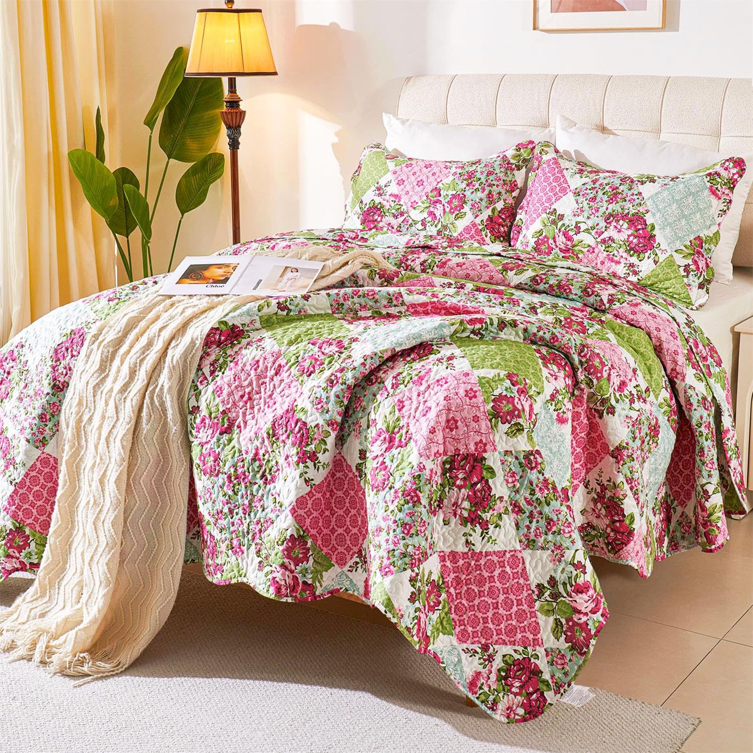 Cmfshape Romantic Patchwork Quilt Set King Size,Reversible Bedspread Coverlet 3-Piece,Floral Bed Cover Set with Pillow Shams,Lightweight Microfiber