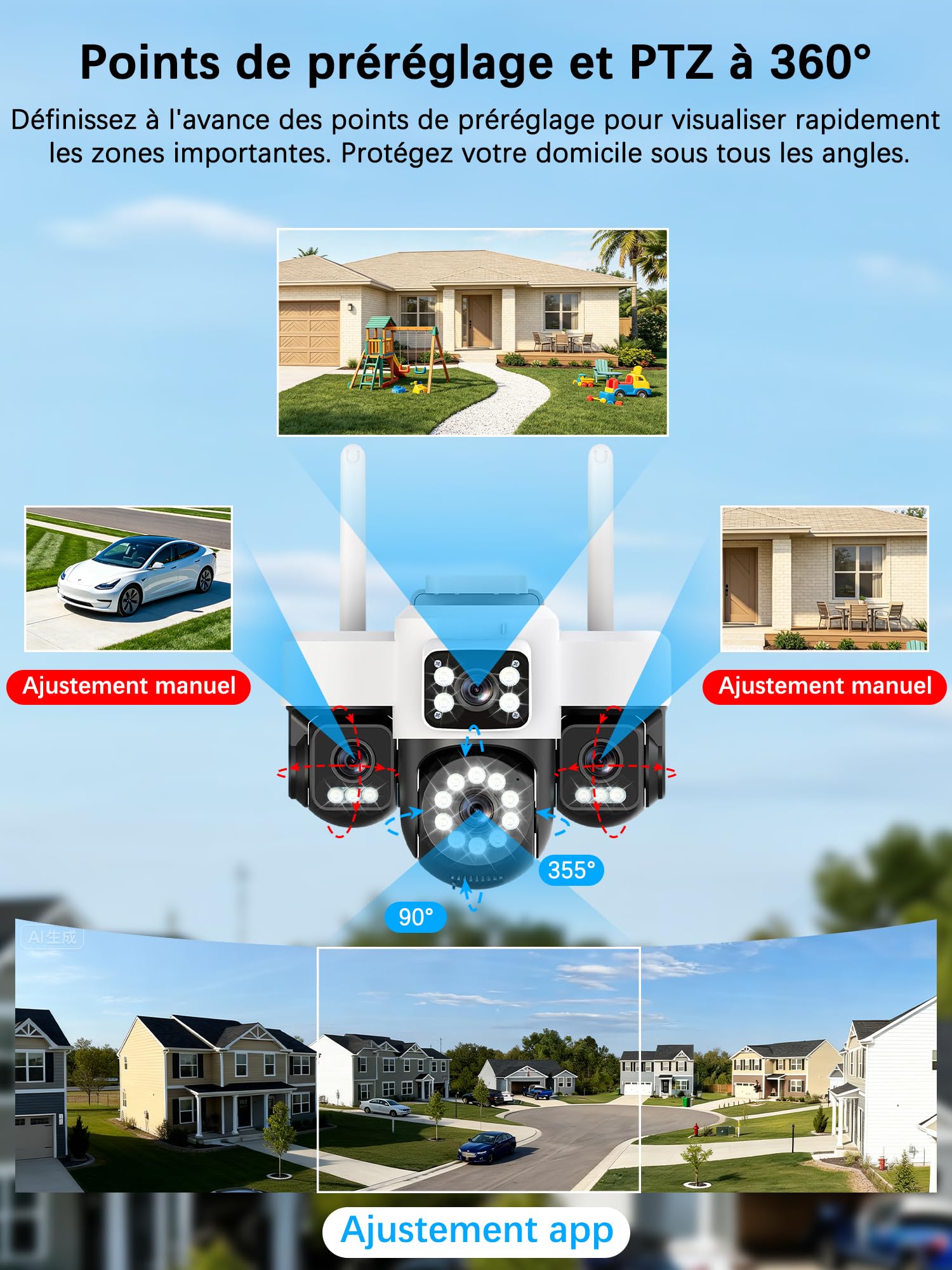 12MP Camera Surveillance WiFi Exterieure sans Fil,AOV 24/7,Quatre objectifs/Camera Solaire/Batterie,Suivi Automatique,360° PTZ,Vision Vocturne,Audio Bidirectionnel,PIR Sirène,étanche,2.4/5G WIFI,IP66