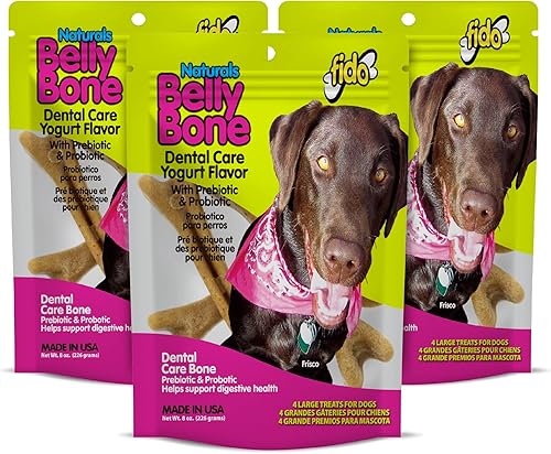 Miniatura 8 de Huesos del vientre para perros, 4 golosinas dentales grandes con sabor a yogur (hechas en Estados Unidos) – 4 golosinas para perros grandes –