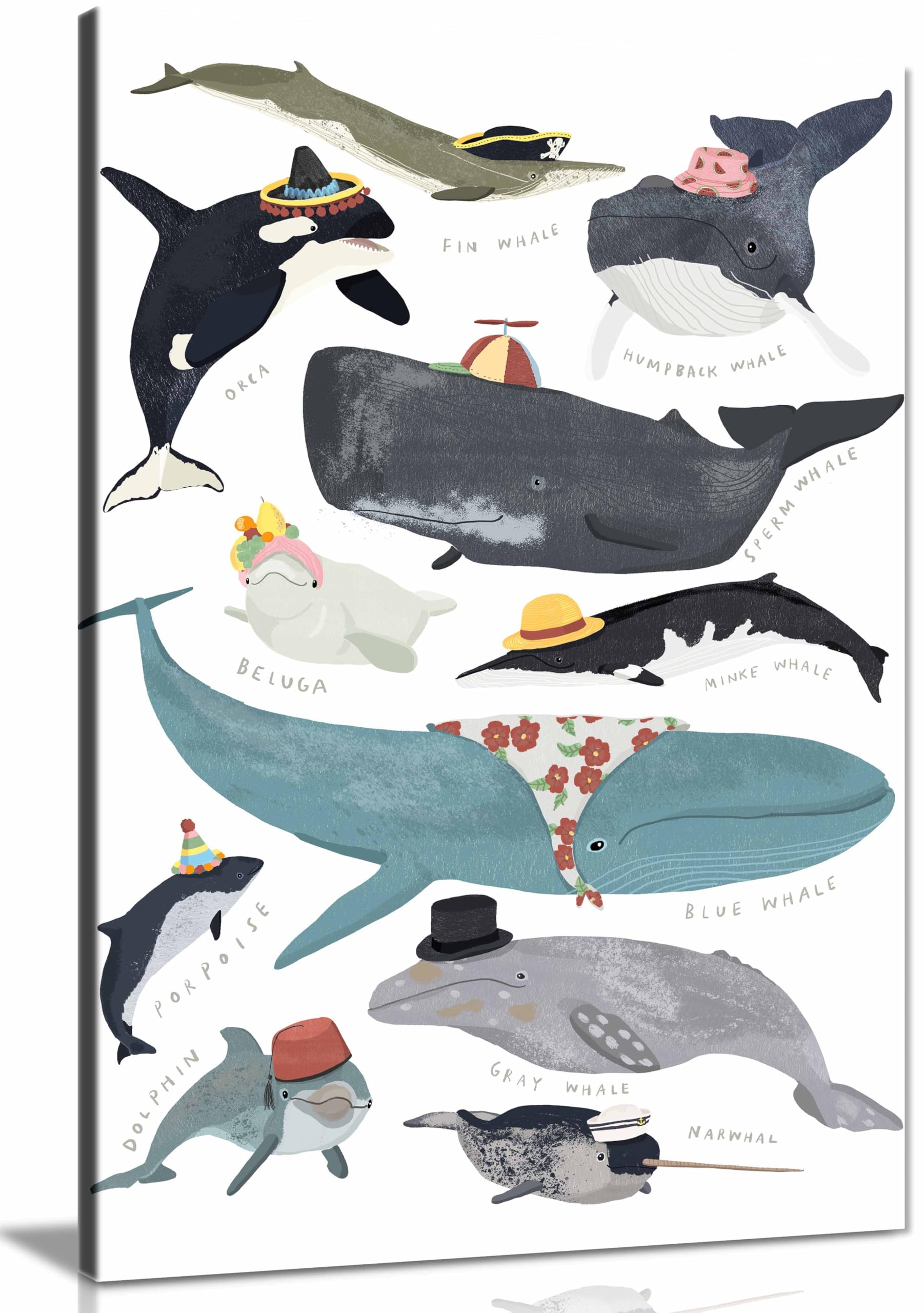 Panther Print Framed Canvas Whales In Hats Print, Pictures For Home Walls, Bedroom, Living Room & Bathroom Decor 91X61cm (36X24in)