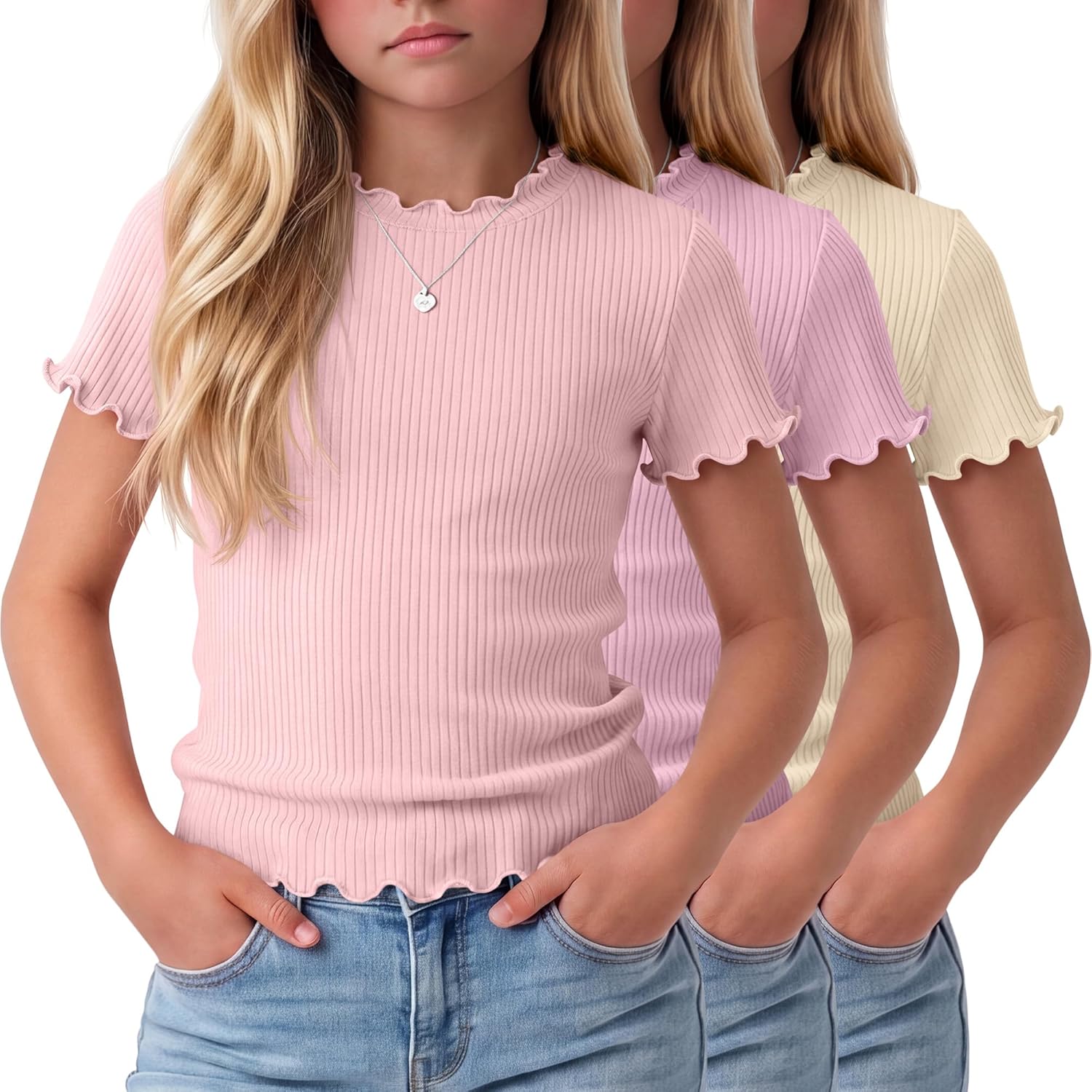 3 Pack Girls' Short Sleeve T-Shirts Ribbed Lettuce Trim Tops Crew Neck Slim Fit Cute Basic Tees for Kids Teen 5-14Y
