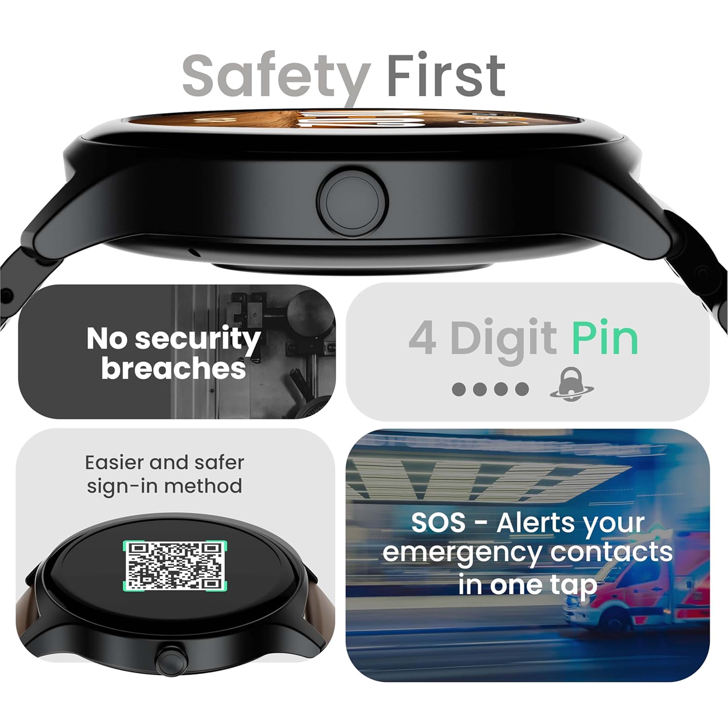 GOBOULT Rover Pro Smartwatch safety features including 4-digit PIN, secure sign-in, and SOS alert