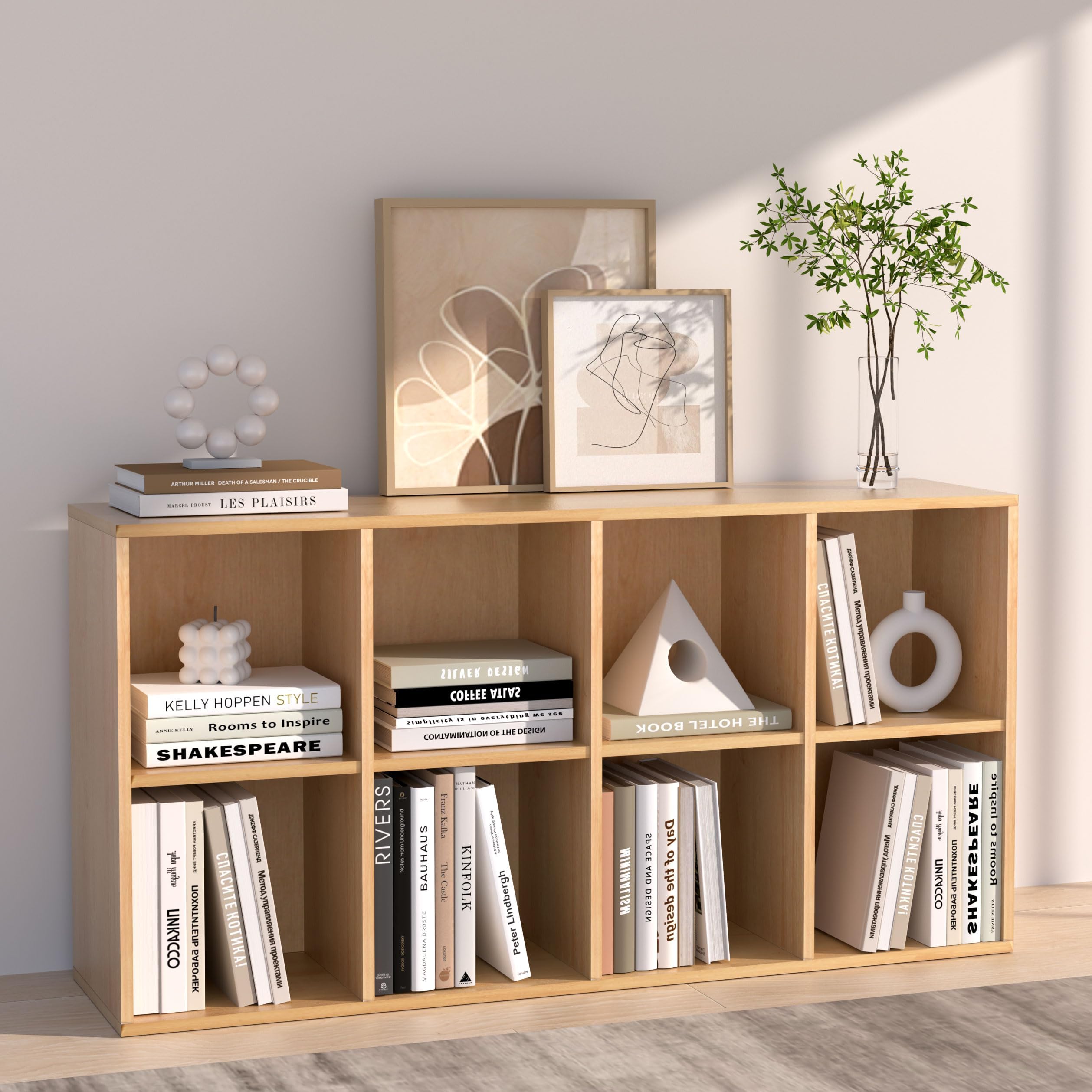 Bücherregal Holz mit Geschlossener Rückwand,Raumteilerregal,Würfelregal,Naturholz,8 Würfel
