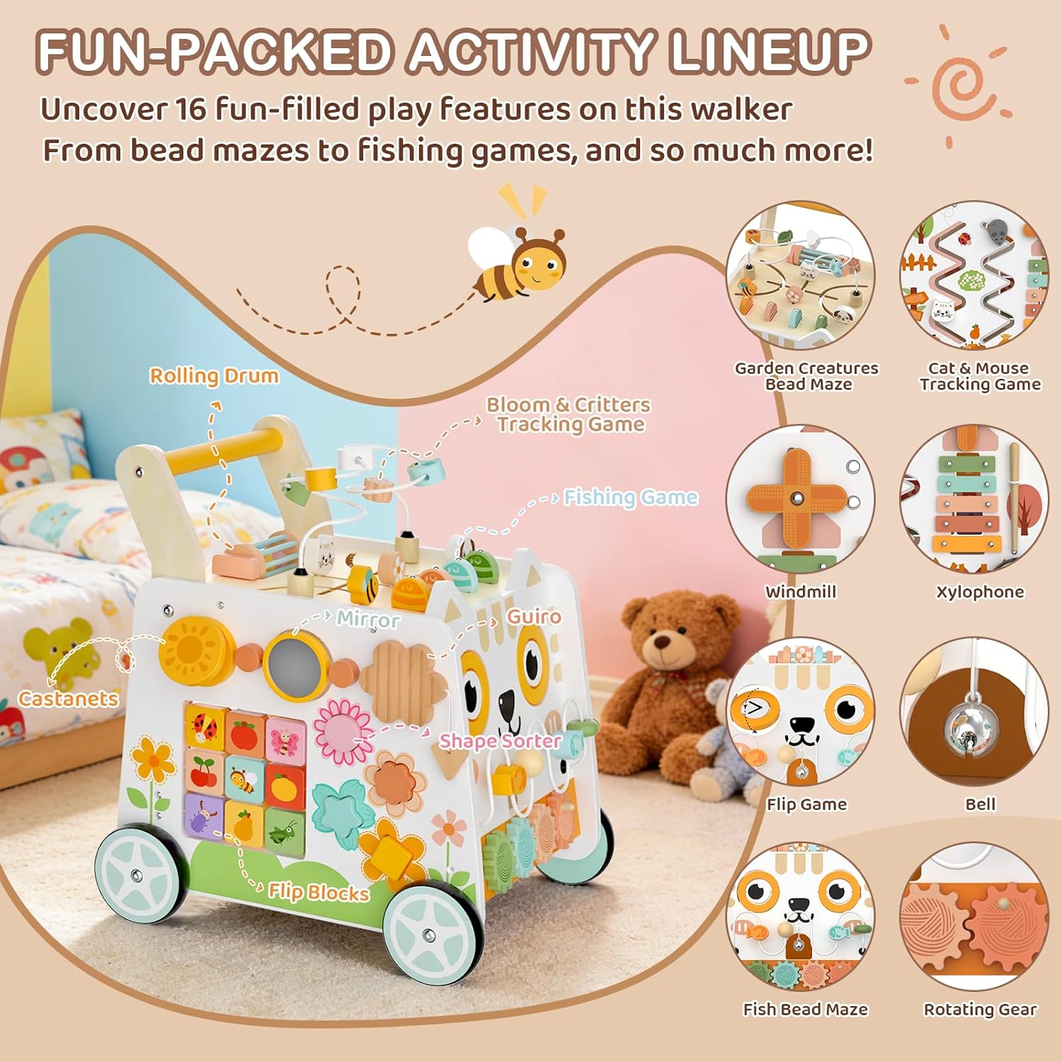 Wooden Baby Walker, Baby Push Walker with Wheels, 16-in-1 Montessori Activity Center Bead Maze Shape Sorter Xylophone, Height Adjustable Walking Toy 12+ Months, 1 Year Old Birthday Gifts Boys Girls