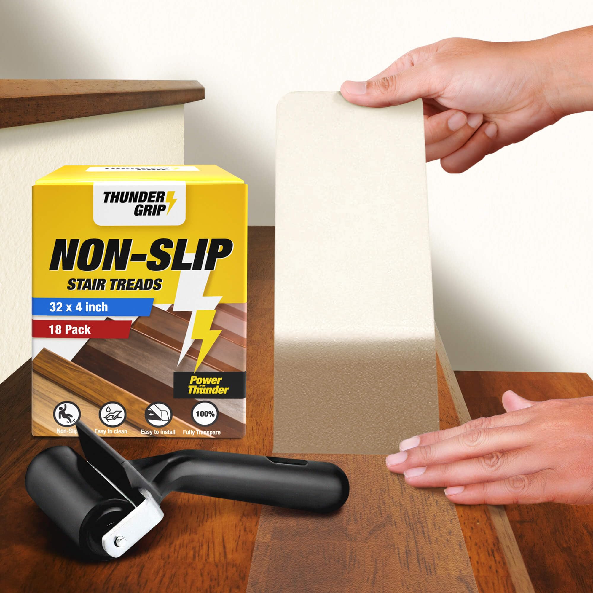 Photo 1 of 18-Pack Clear Non-Slip Stair Treads for Wooden Steps - 32"x4" Self Adhesive Strips Indoor - Transparent 4" x 32" 18