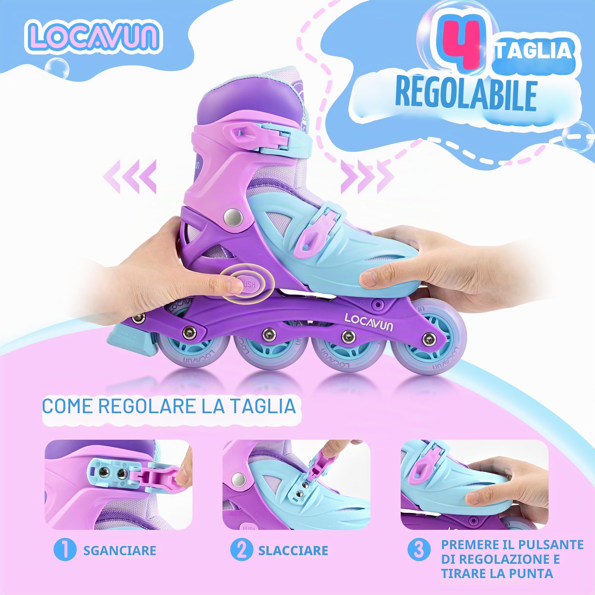 Pattini in linea 4 misure regolabili ruote PU 82A per bambini