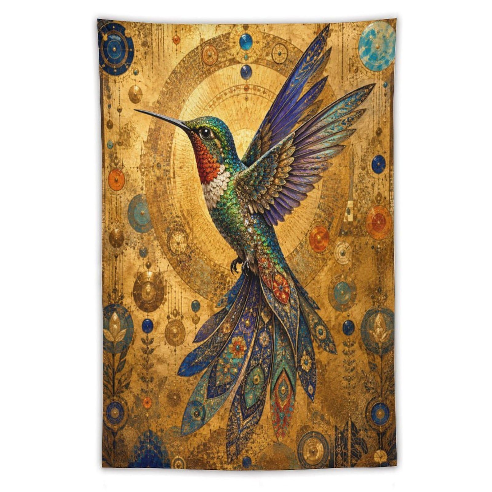 H3B8U2Y5 Golden Mosaic Hummingbird Wall Tapestry, Floral Wing Detail