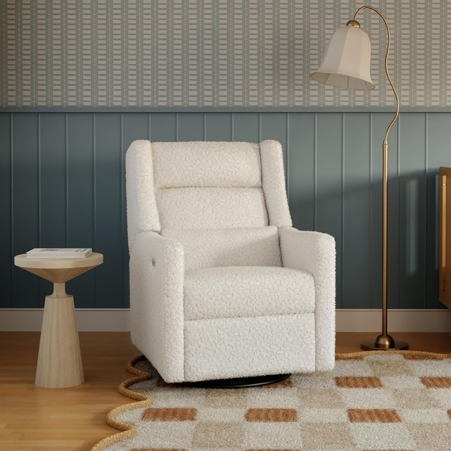 Babyletto Kiwi Plus Power Recliner and Swivel Glider with Power Headrest and USB Port in Cream Shearling, Greenguard Gold and CertiPUR-US Certified
