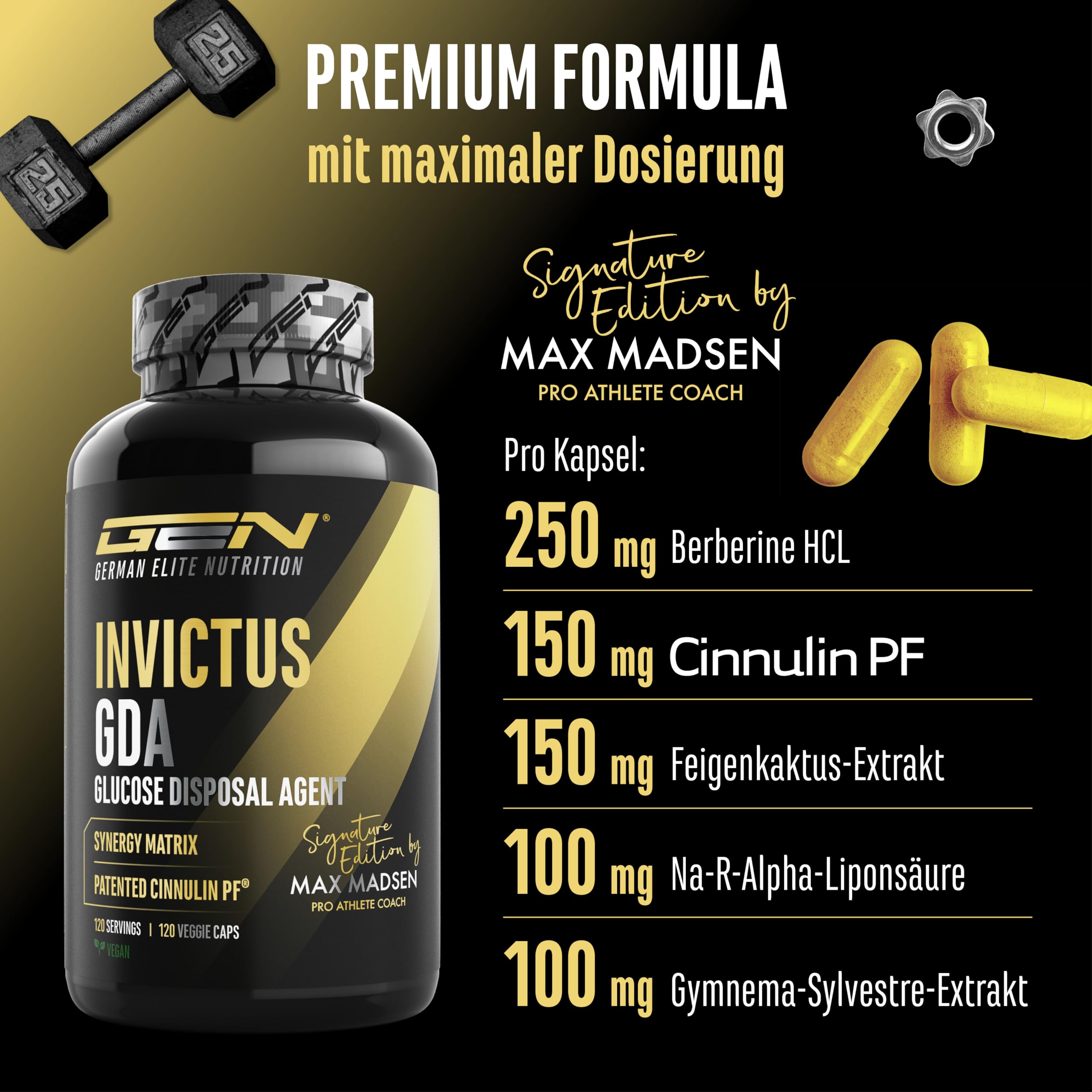 GEN GERMAN ELITE NUTRITION Invictus G.D.A - 120 Kapseln | Berberin-Komplex mit Markenrohstoff Cinnulin PF® & Na-R-Alpha-Liponsäure - Glucose Disposal Agent (GDA) - Laborgeprüft