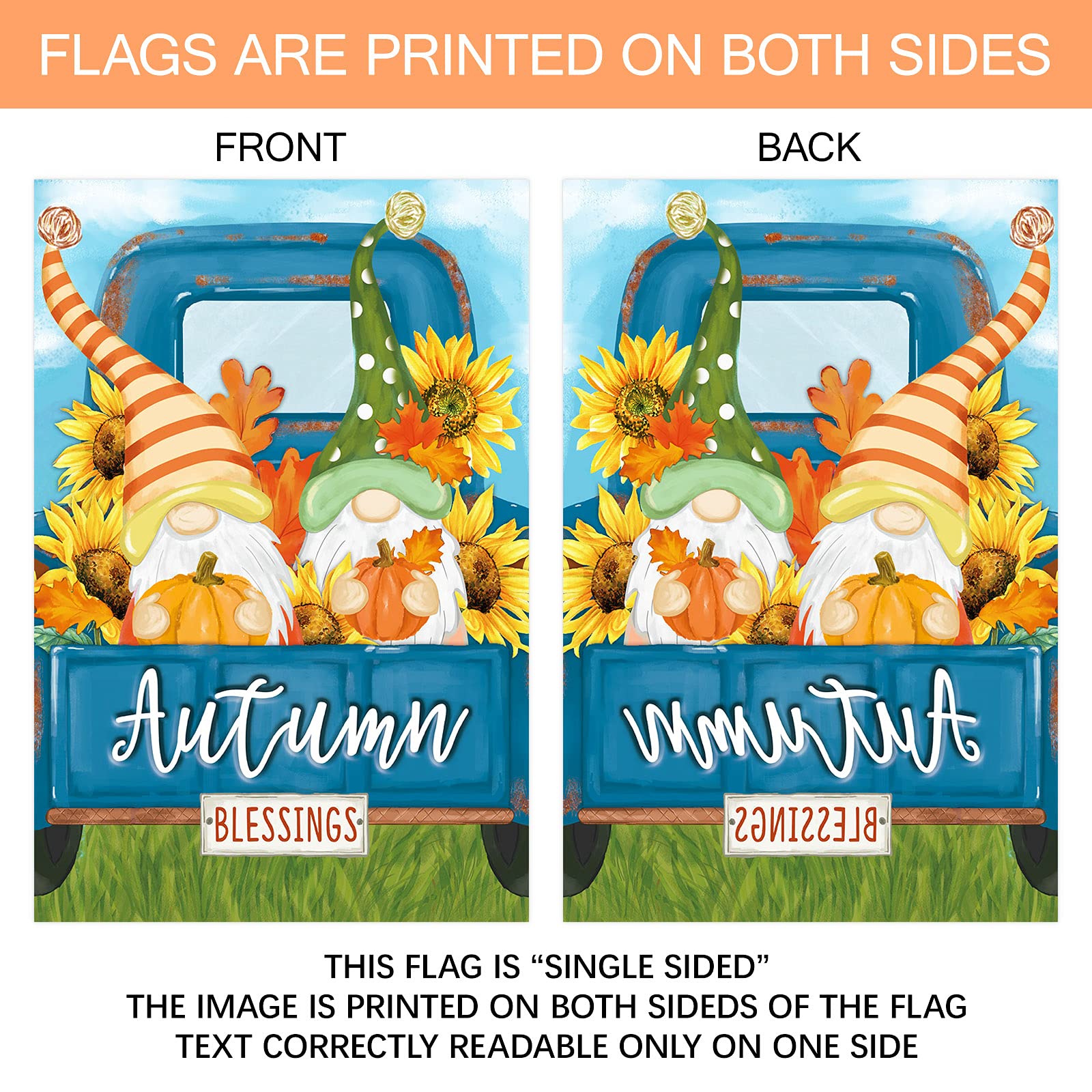 Texupday Herbst-Flagge „Fall Harvest Blessings“ - 71x102 Cm, Polyester, Mit Oldtimer & Kürbissen, Für Garten