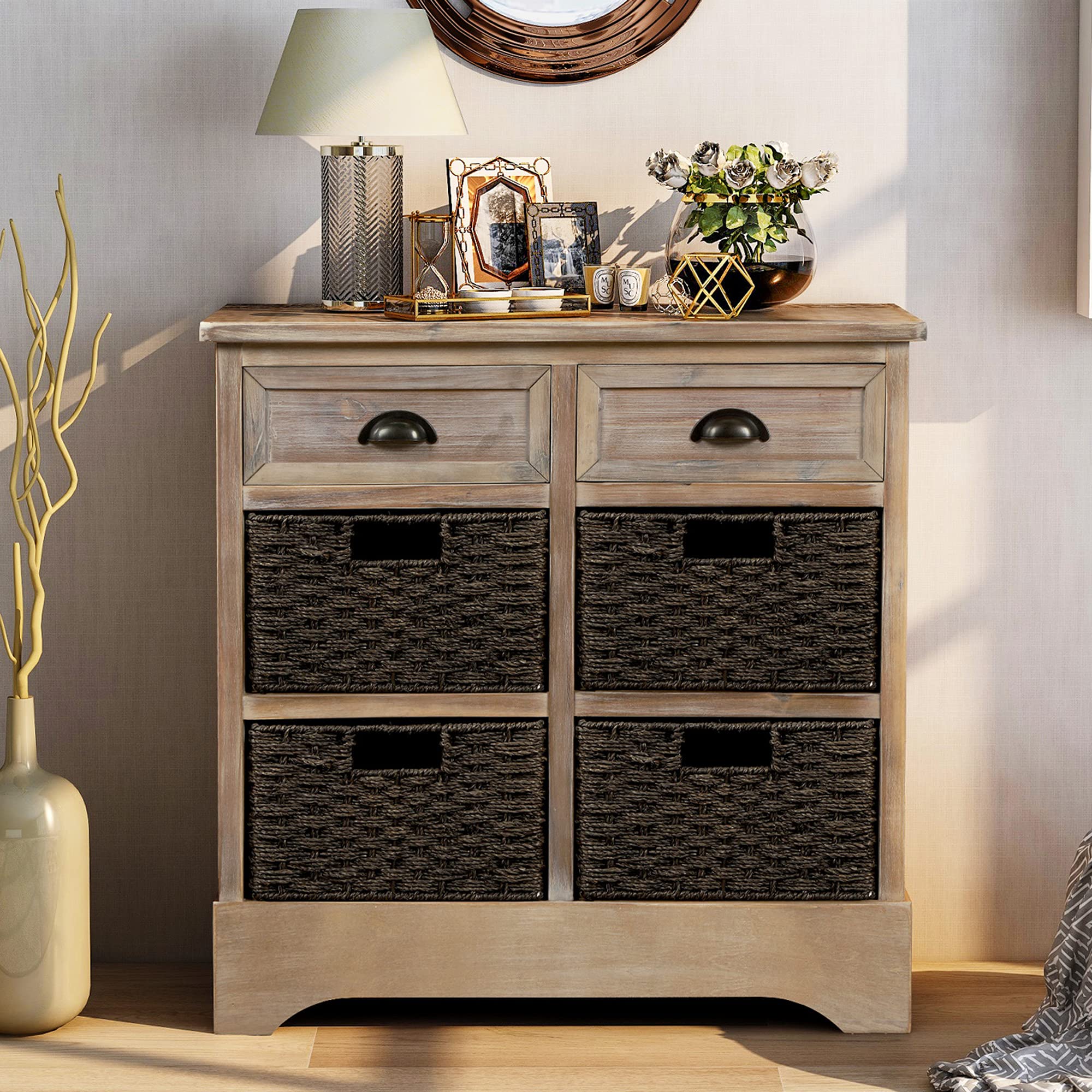 P PURLOVE Storage Cabinet Retro Style Storage Unit with 2 Drawers and 4 Baskets for Home Entryway Living Room (Grey Washed)