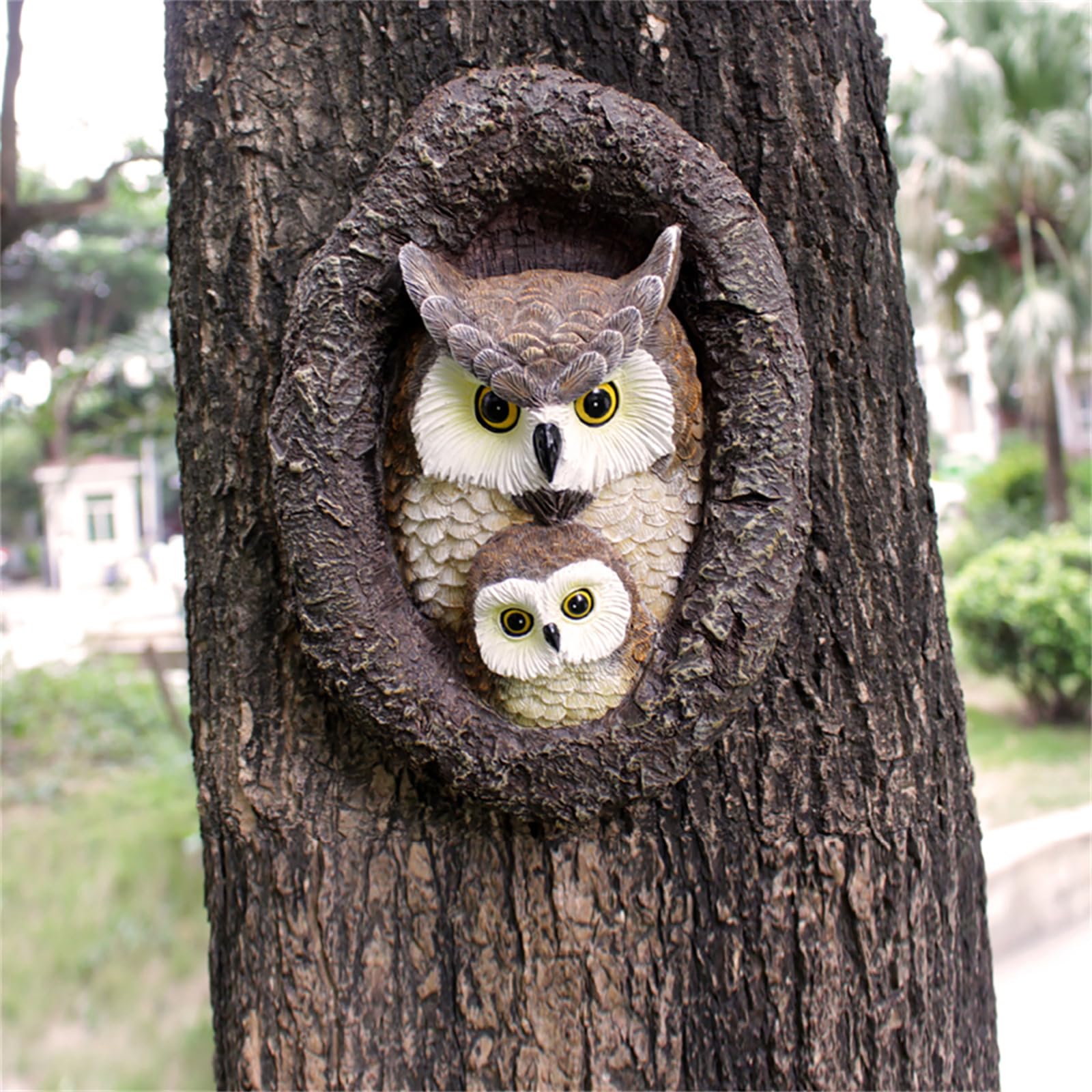 Statue da giardino a forma di gufo, decorazione per esterni, gufo finto mamma e bambino esca per spaventare gli uccelli, decorazione per il viso dell'albero in resina, scultura da giardino