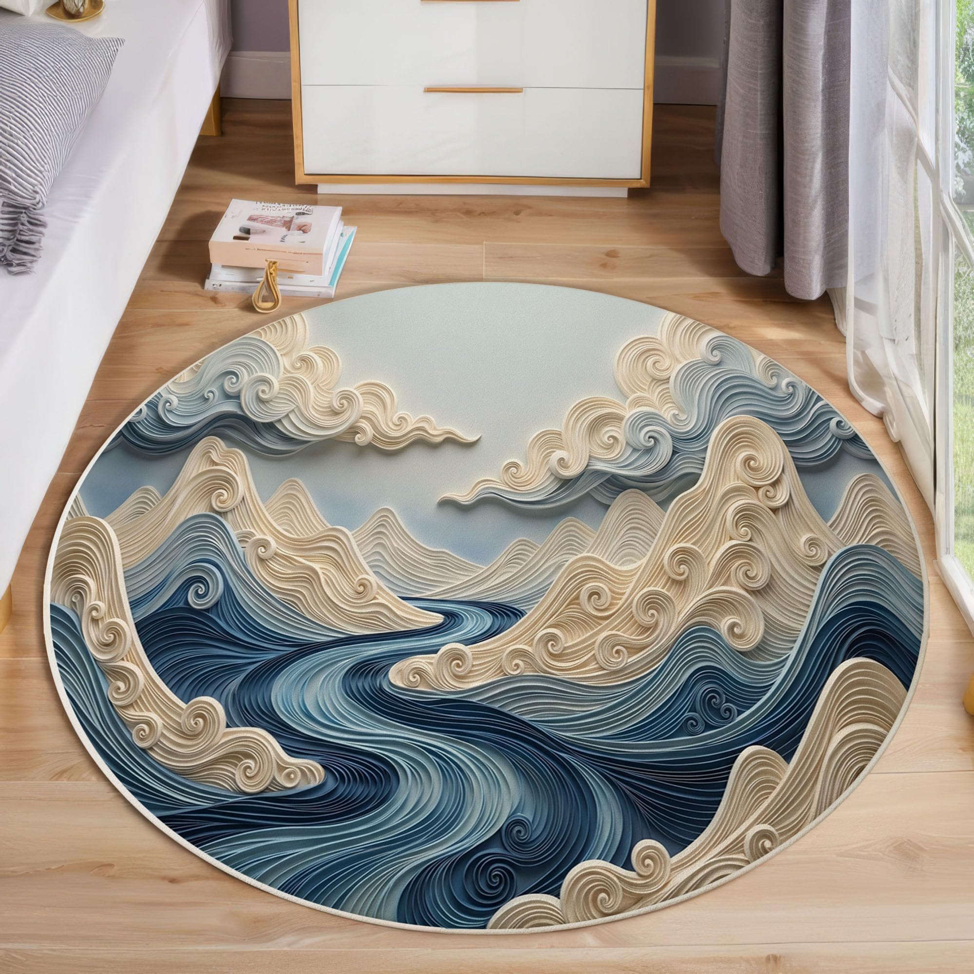 Tapis Rond Lavable Antidérapant Relief De Vagues Japonaises en 3D