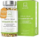 Vitamin D3 K2 hochdosiert mit nativem Olivenöl - Vitamin D hochdosiert 2000 IE + Vitamin K2 MK7 100μg - Sonnenvitamine Vitamin D K2 GMO-, gluten- und laktosefrei 180 Vitamin D3 K2 Kapseln hochdosiert