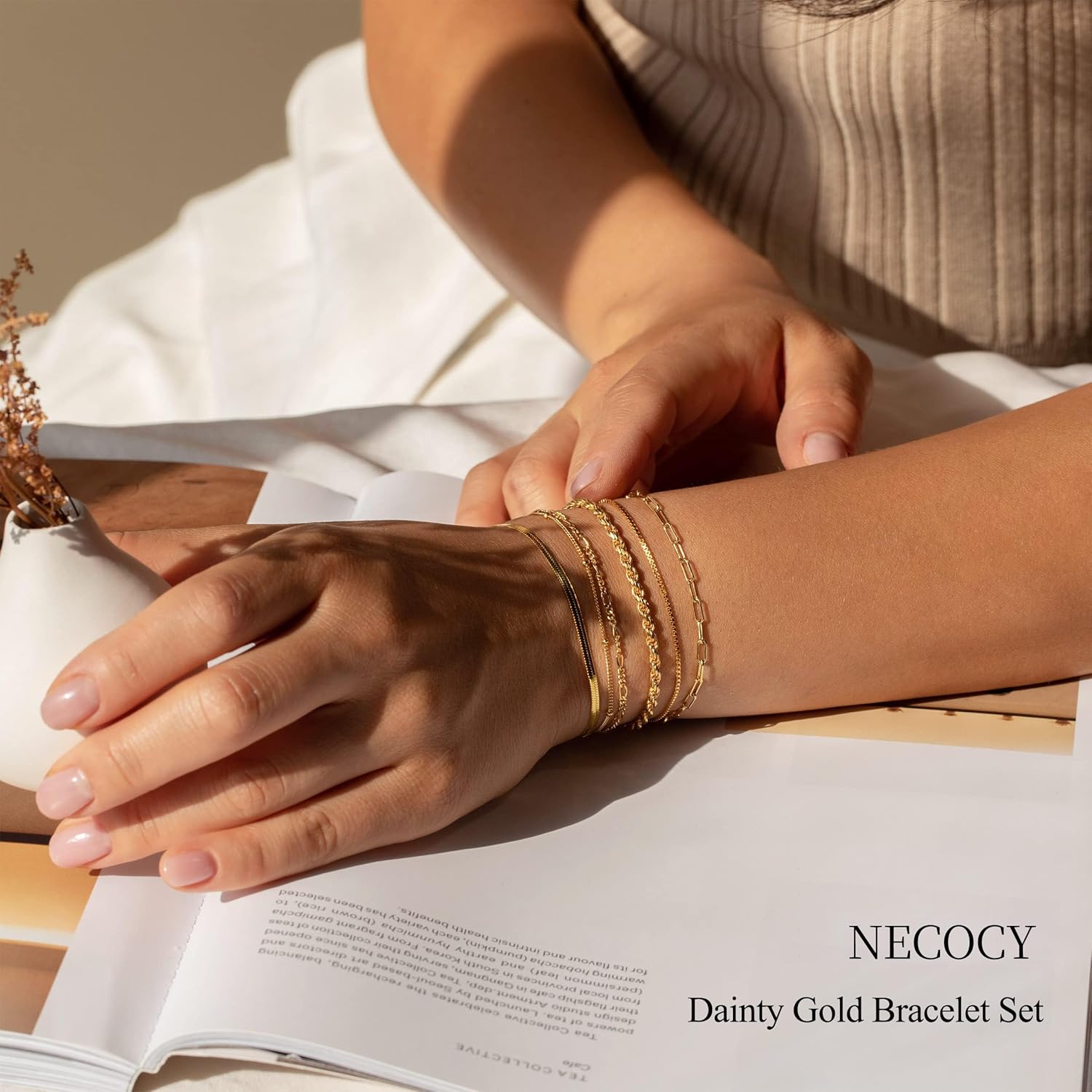 NECOCY Gold Bracelets for Women Waterproof, 14K Gold Plated Jewelry Sets Trendy Thin Dainty Stackable Cuban Link Paperclip Chain Bracelet Pack Fashion Accessories Gifts for Womens - Image 3
