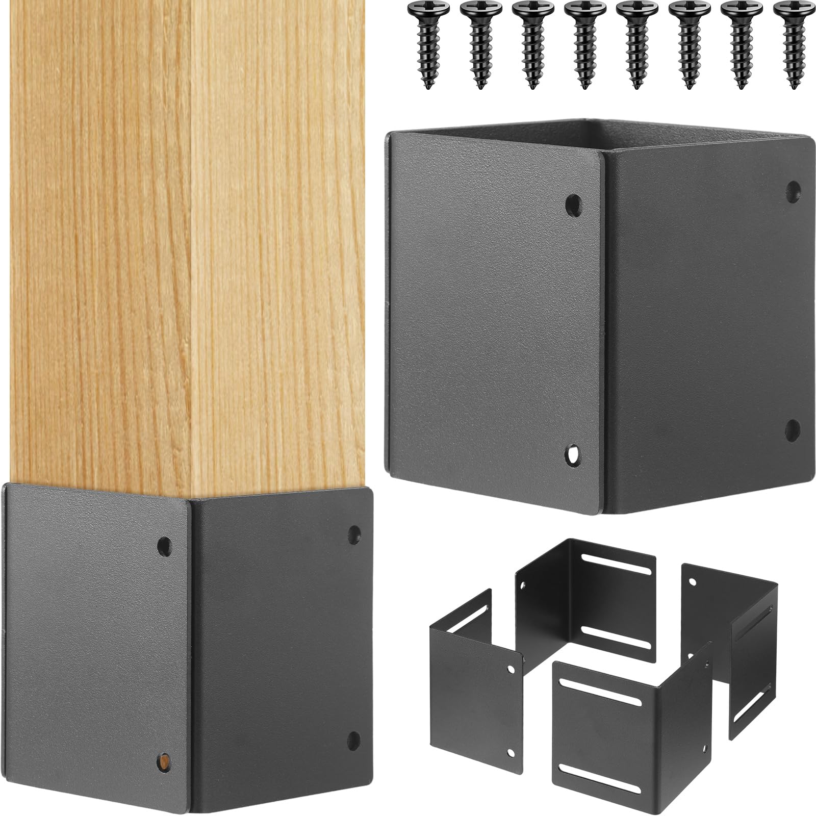 Dunzy 2 Set 304 Stainless Steel Adjustable Post Protector (Range 3.3-6 in) Post Base Protectors Mailbox Post Cover Porch Column Wraps Protects Fence Mailbox Bracket Deck from Rain Lawnmower, Black