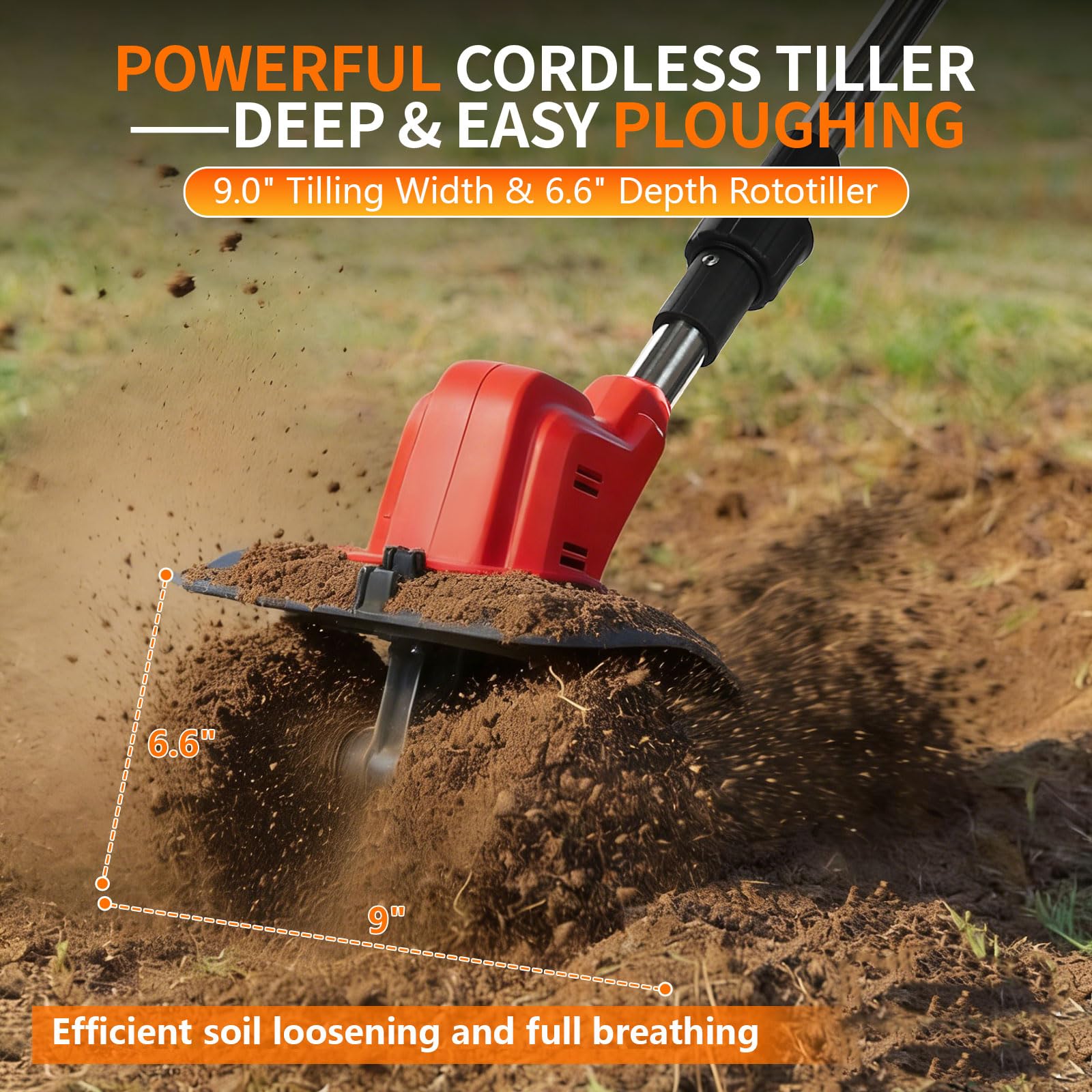 Motozappa elettrica senza fili per giardinaggio, motore brushless da 800 W con 2 batterie da 21 V 6,0 Ah, larghezza di lavorazione 22,9 cm e profondità 16,8 cm, 360 giri/min, 4 lame in acciaio