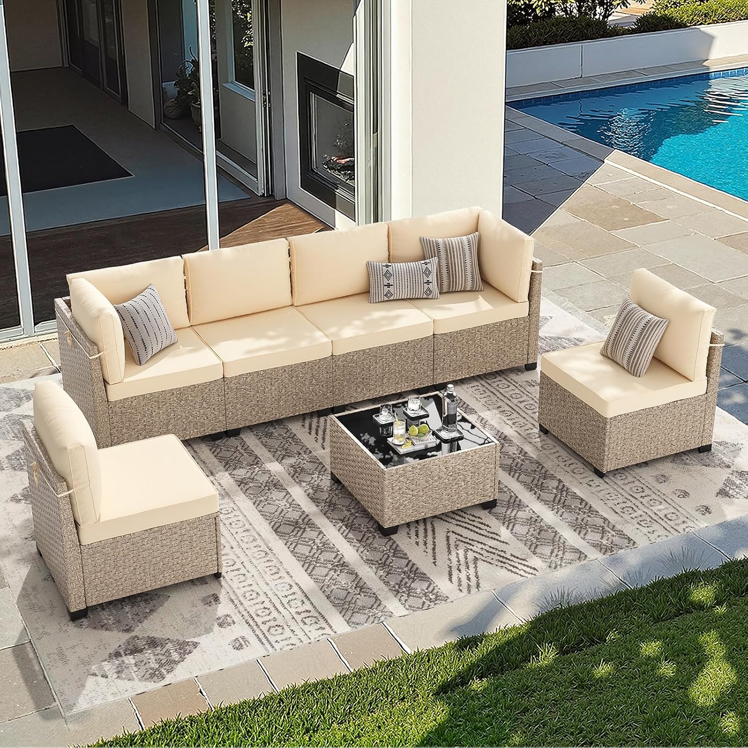Soohow 7-Piece Patio Furniture Set, Outdoor Sectional All-Weather Wicker Patio Conversation Set for Garden, Porch, Backyard - Beige Cushions