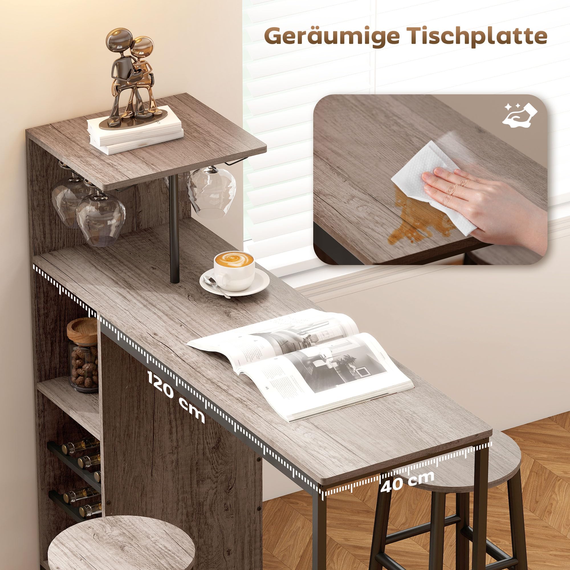 HOMCOM Bartisch mit Barhocker Set Tresentisch mit 2 Stühlen mit Fußstütze, Esstisch mit Weinglashalter, Ablage, Weinregal, Industrial Bartisch Set für Esszimmer, Kleine Raum, Grau