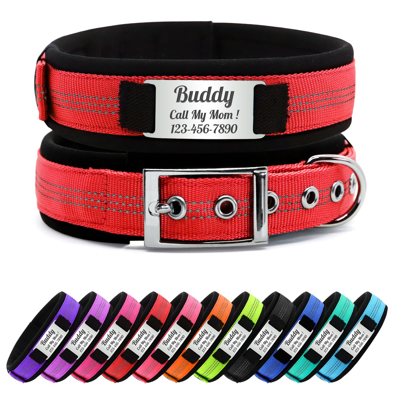 Nylon Reflective Personalised Dog Collar with Name, Customisable Dog Collar with Metal Belt Buckle, Soft Comfort for Pets - Matching Lead Available (Red) โ image 1