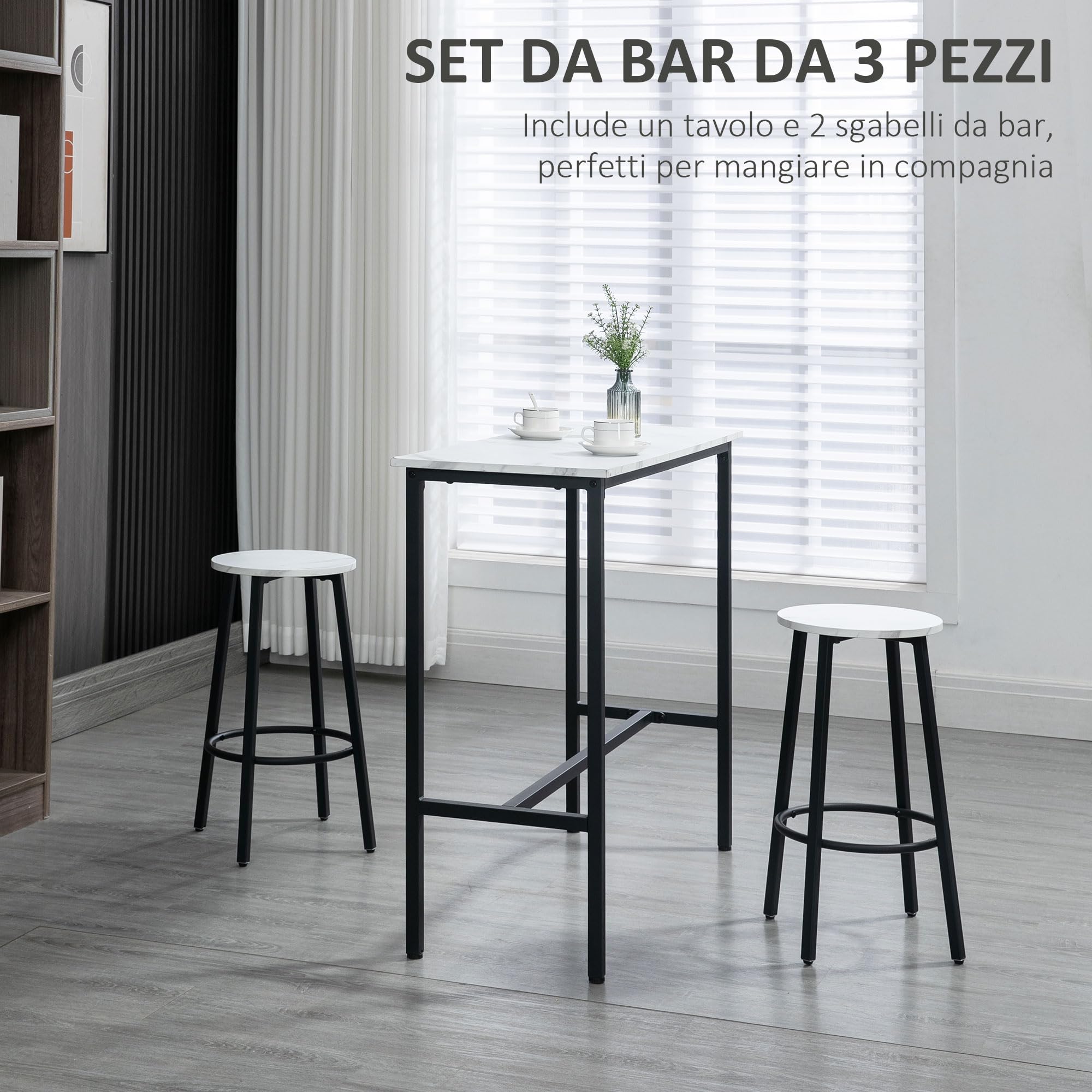 HOMCOM Set Tavolo e Sedie 3 Pezzi in Truciolato, MDF e Acciaio con Tavolo Rettangolare e 2 Sgabelli da Bar per Soggiorno e Sala da Pranzo, Bianco e Nero