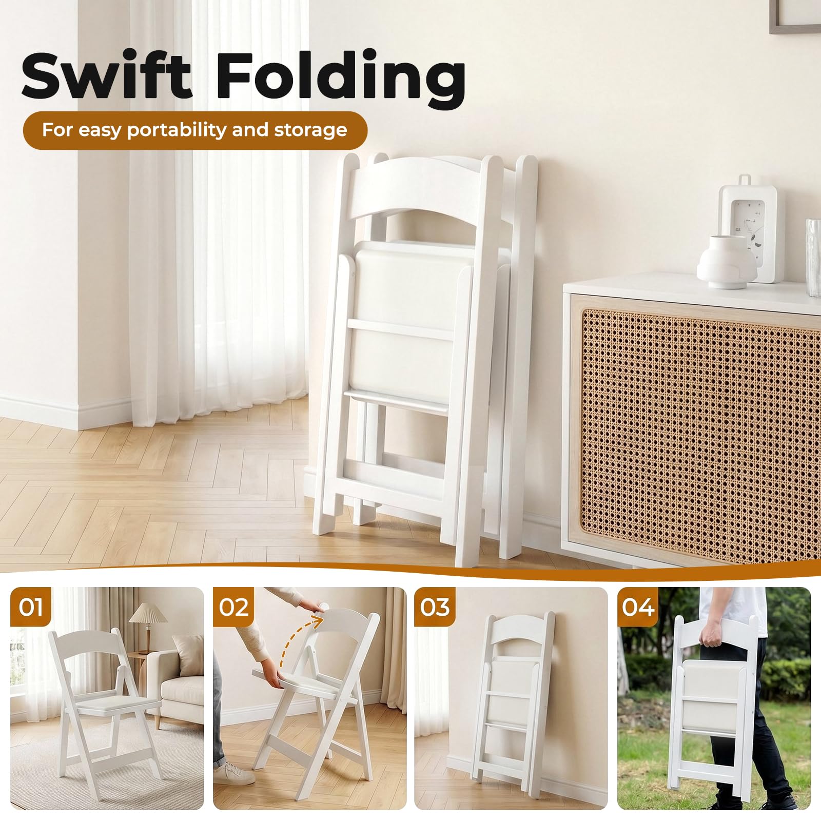 LIFERUN Lot de 2 Chaises Pliantes en Résine, Rembourrées, Charge Maximale 200 Kg, Empilables, Robuste et Durable, Idéales pour Invités, Jardin, Bureau, Camping, Usage Intérieur et Extérieur, Blanc