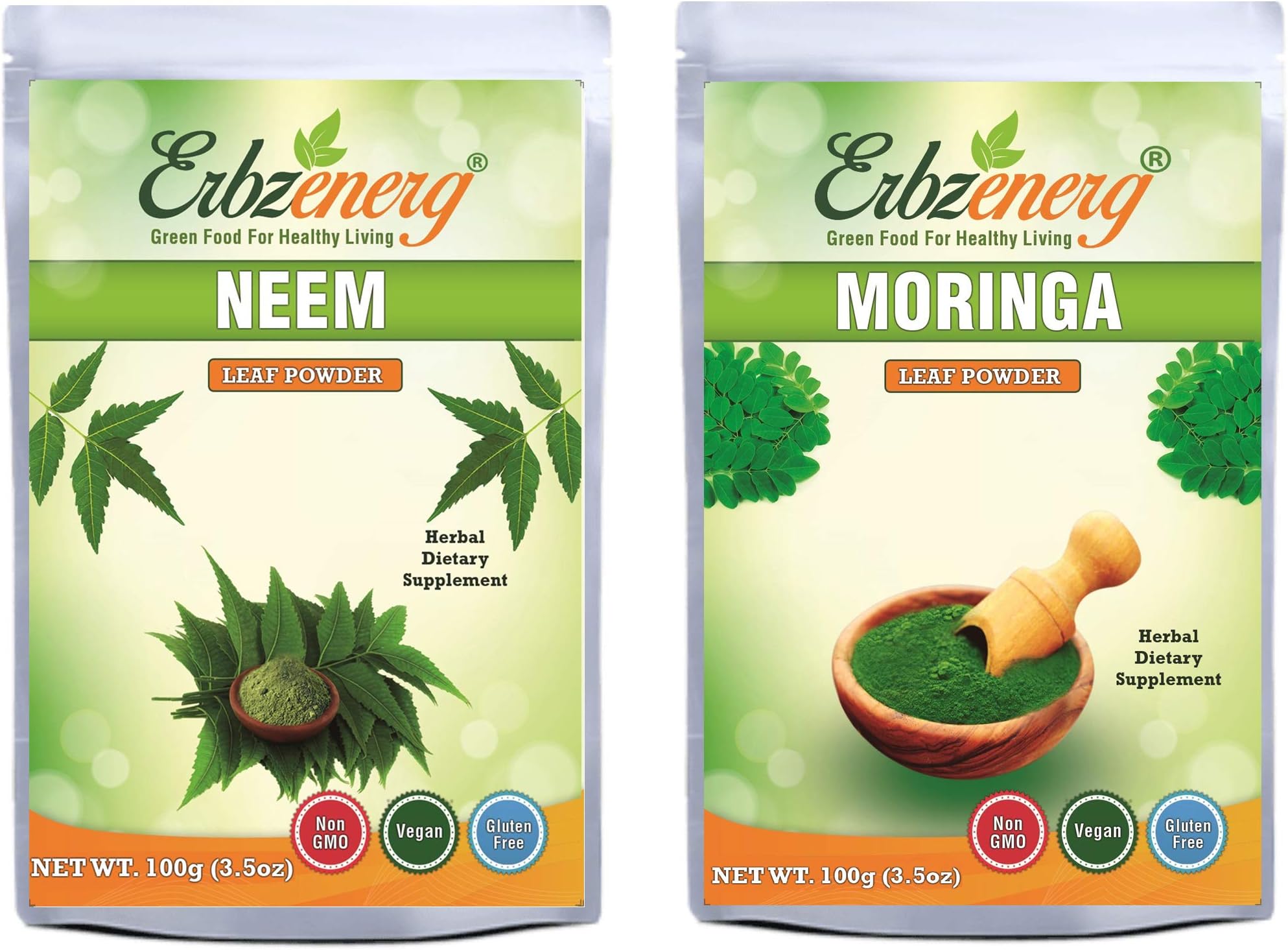 ERBZENERG®Organic Neem Leaves Powder 100G and Moringa Leaves Powder 100G || Como Pack Of 1