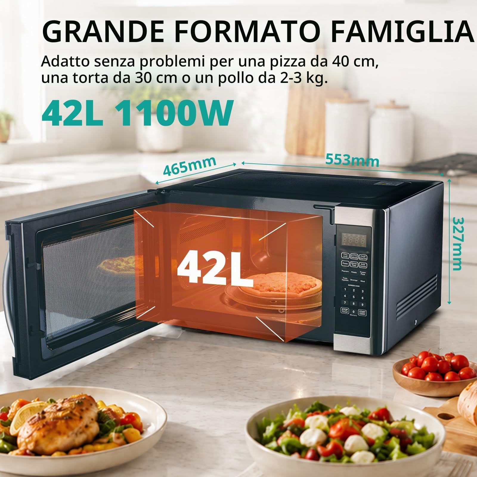 SMETA Microonde 42L Forno a Microonde con Grill 1100 W, Grill 1400W 11 livelli di potenza/funzione di scongelamento/timer/sicurezza per bambini/piatto girevole in vetro (Ø34,5 cm) Nero/Argento