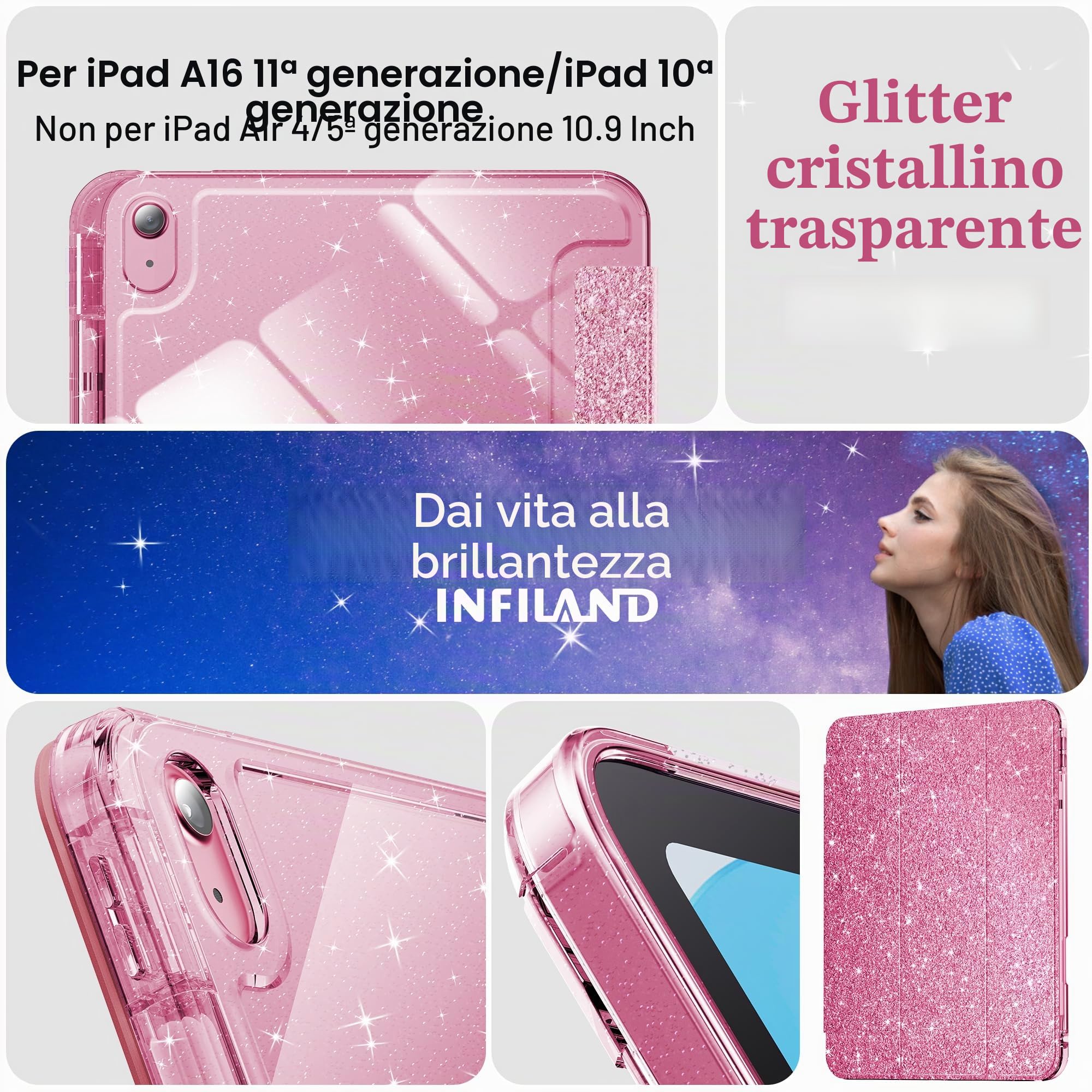 INFILAND Custodia iPad 11 Generazione A16 11 Pollici 2025, iPad 10 Generazione 10,9 Pollici 2022, Glitterata Retro Trasparente Brillante Portapenne Rosa