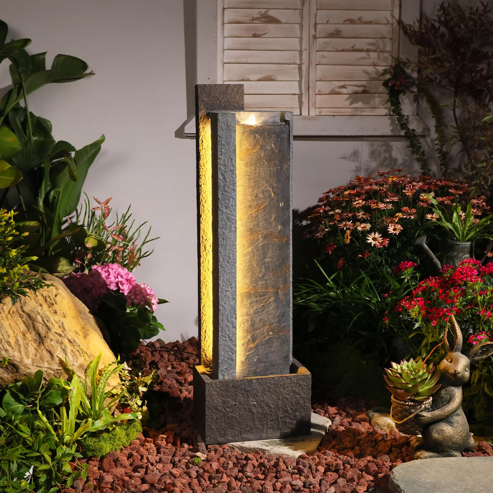 Sunlinua Moderner Wasserbrunnen mit LED-Beleuchtung – Steinplatten-Optik