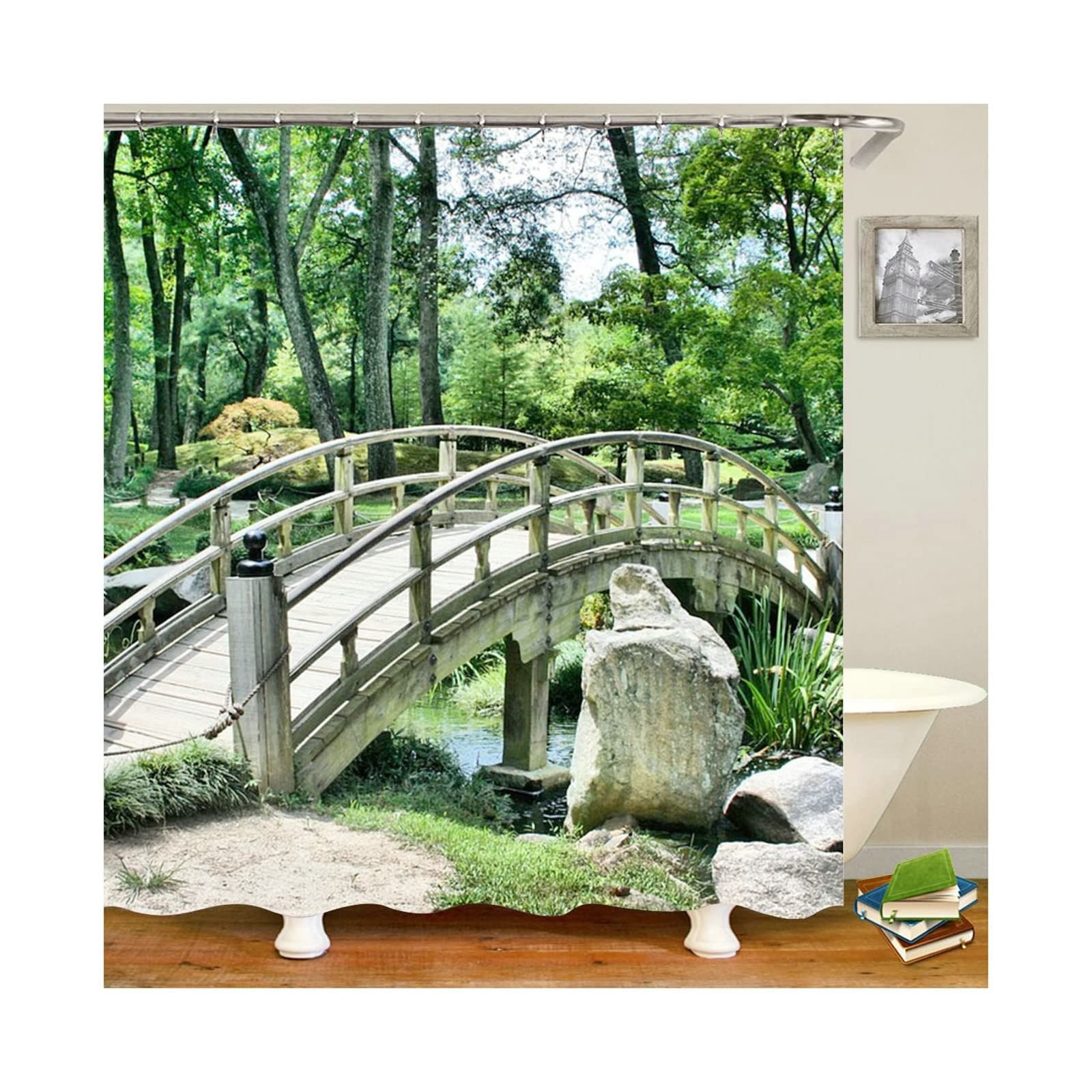 Rideau de douche imperméable avec anneaux motif pont et arbres