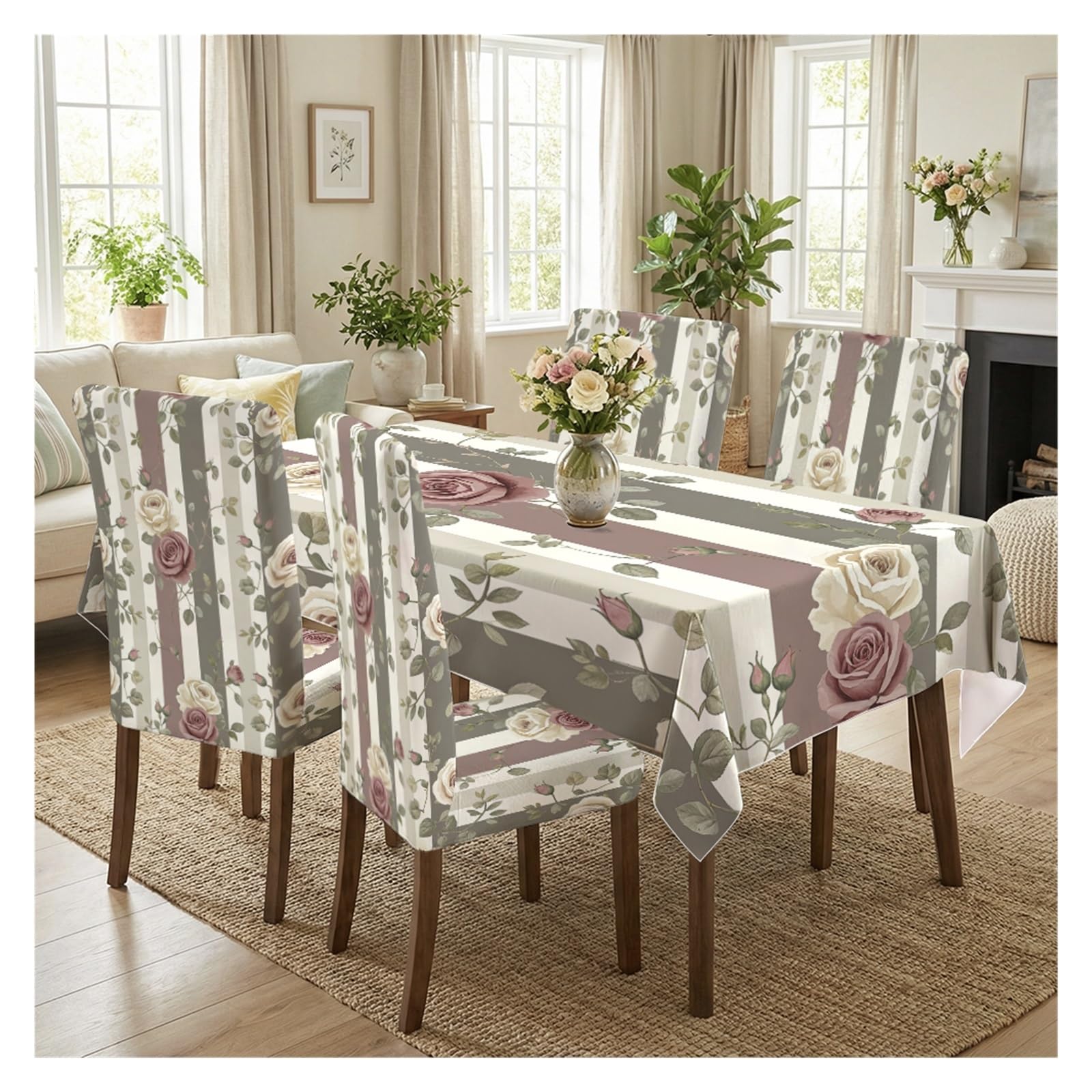 Vintage Stripe Dusty Rose Floral Dining Tablecloth Set, 5/7 Piece Botanical Table Cover & Chair Slipcovers For Farmhouse, Cottage & Classic Home Party Table Setting(5pcs Set: Tablecloth+Chair Covers)