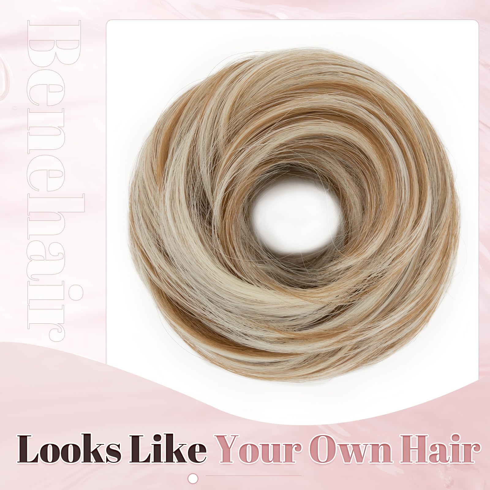 Benehair Messy Bun Hair Scrunchies Curly Hair Pieces Synthetic Ponytail Extensions Sandy Blonde to Bleach Blonde (55g) - Image 3