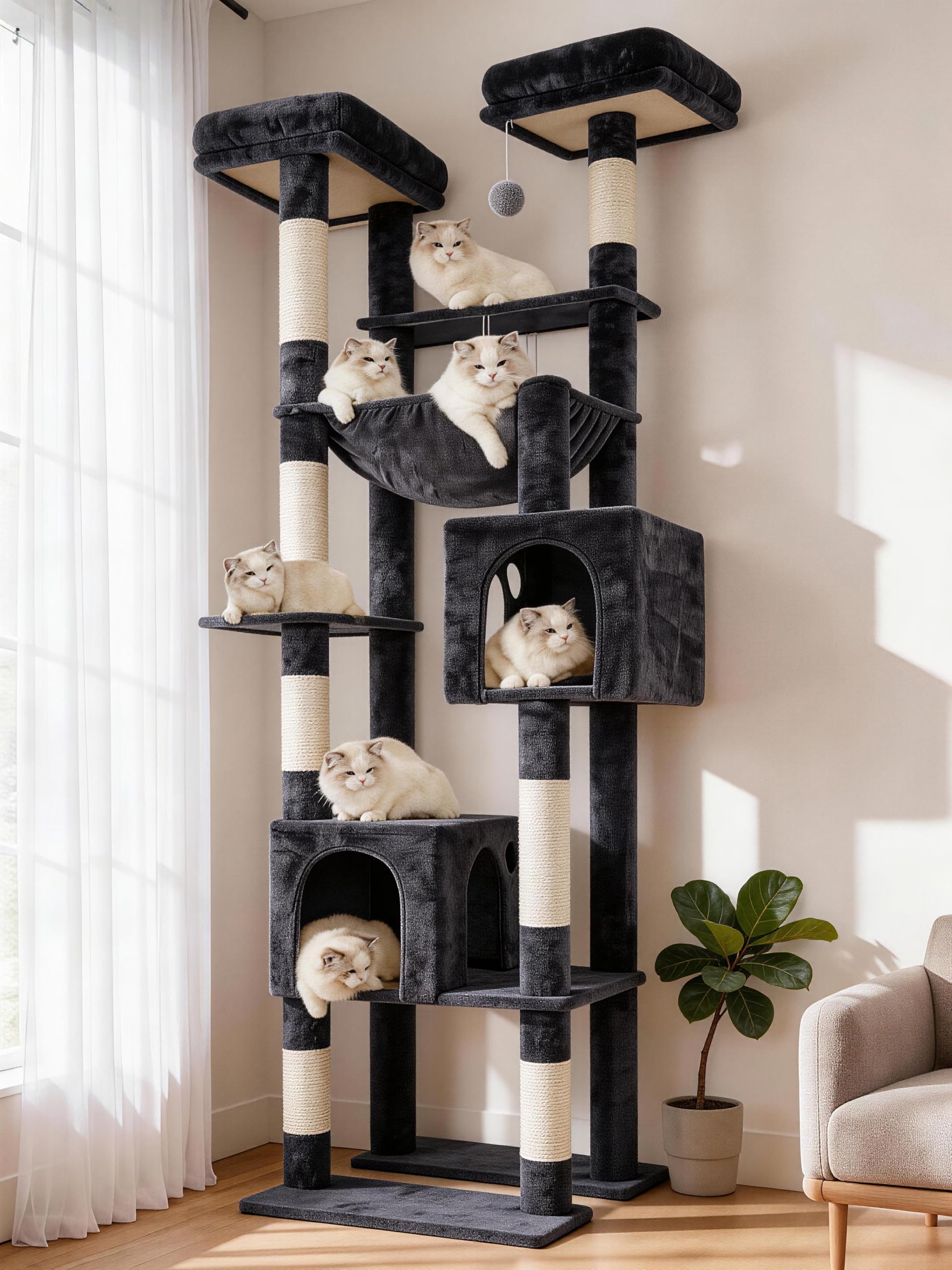 Hey-Brother Hoher Kratzbaumturm, robuste Kratzbäume mit großen Plattformen, gemütliche Höhlen, große Hängematte, Spielzeugbälle, mehrstöckige Möbel für Erwachsene Katzen im Innenbereich, 203 cm