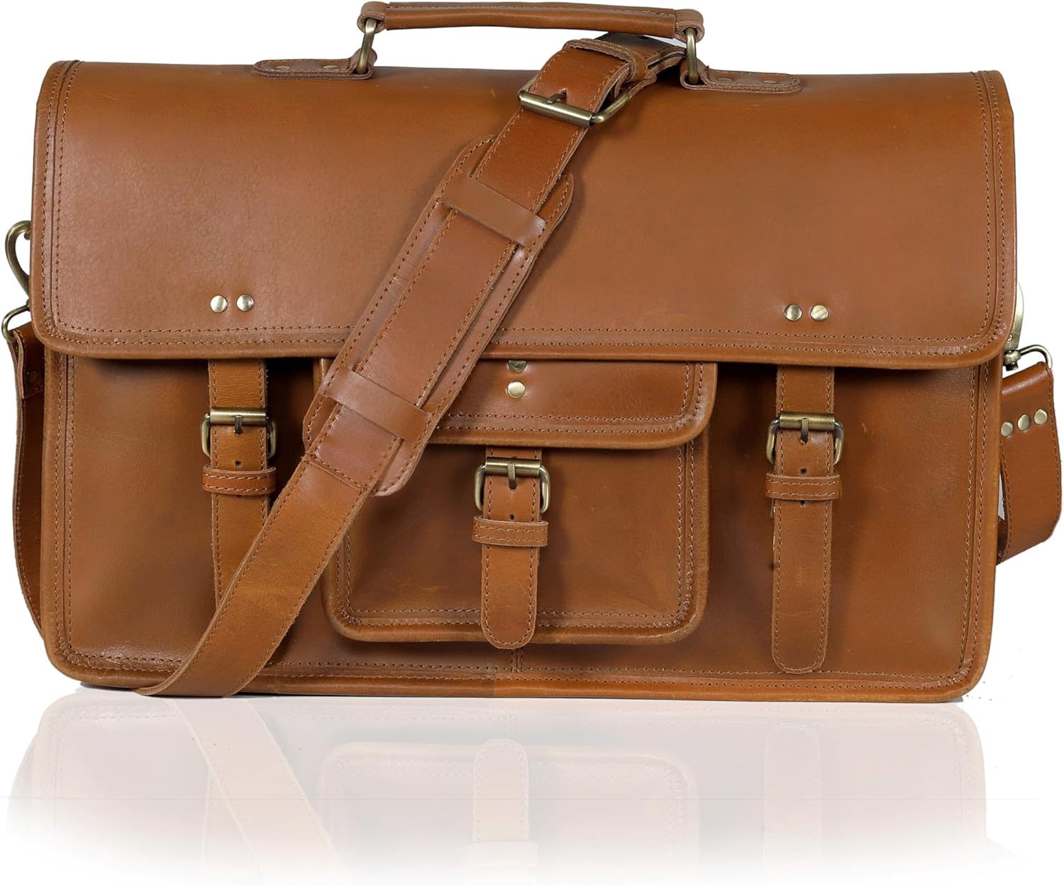 18-Inch Premium Leather Messenger Bag for Men & Women - Leather Laptop Bag, Crossbaody Bag, Handbag, Shoulder Bag, Travel Bag (Unisex Messenger Light Brown)