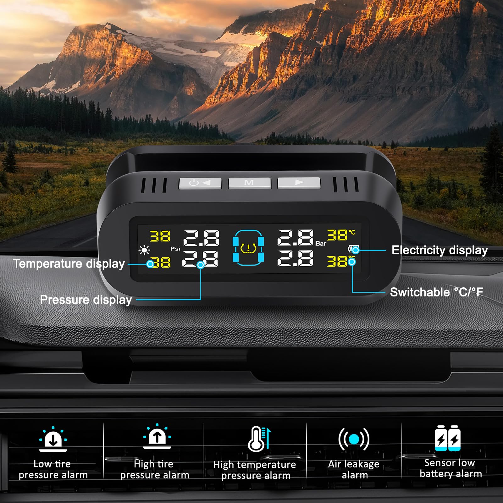 Sistema di Monitoraggio della Pressione dei Pneumatici Solare Sistema Monitor Pressione Gomme Staffa Rimovibile, 4 Sensori Esterni per Camper SUV Auto