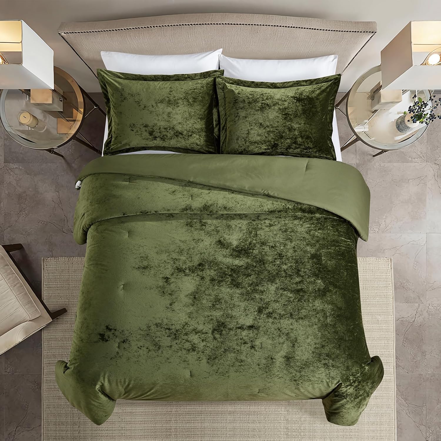 Luxury Velvet Queen Comforter Set, 3 Pieces Reversible Comforters Queen Size with 2 Pillow Shams, Brushed Solid Microfiber Back, All Season Cozy, Soft, Warm, Lightweight (Olive Green, 90x90 Inch) - Image 4