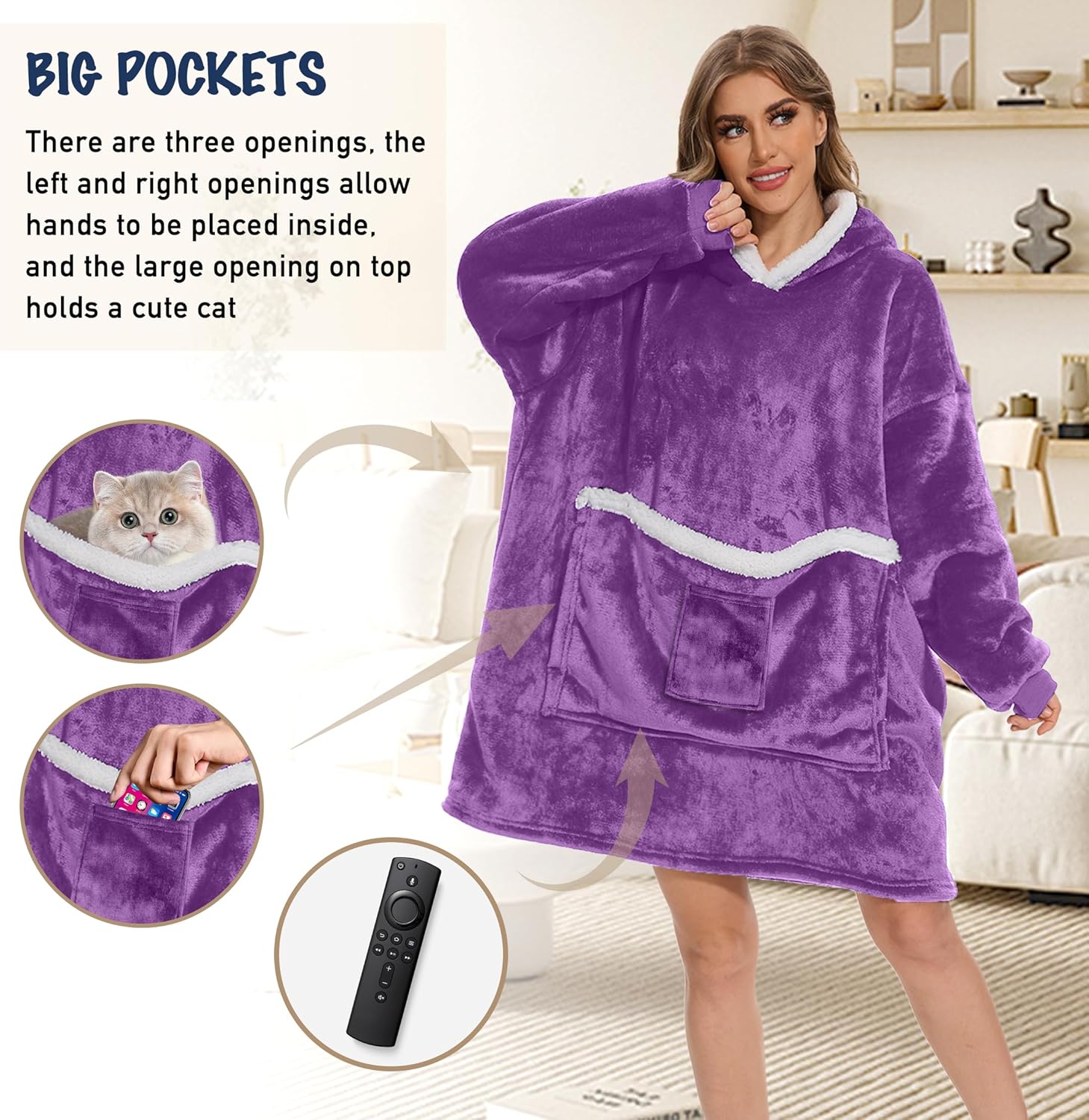 Wearable Blanket Hoodie with Giant Pocket, Soft Warm Sherpa Fleece Oversized Blanket Sweatshirt Gifts for Women Men - Image 3