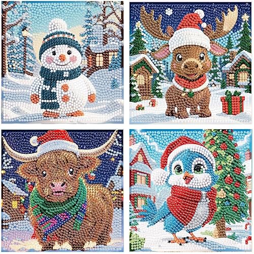Kits de arte de diamantes 5D para niños, 4 piezas coloridas de Navidad para niños, arte de gemas grandes de diamantes, kits de arte de diamantes de