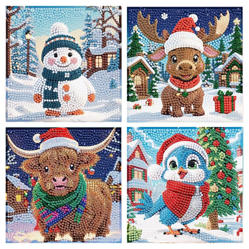 5D Diamond Art Kits for Kids, 4 Pcs Colorful Christmas Kid's DIY Diamond Big Gem Art,Kids' Mosaic Diamond Art Kits Crafts for Kids Ages 4-8-10-12 Children for Gifts 6x6inch(Without Frame)