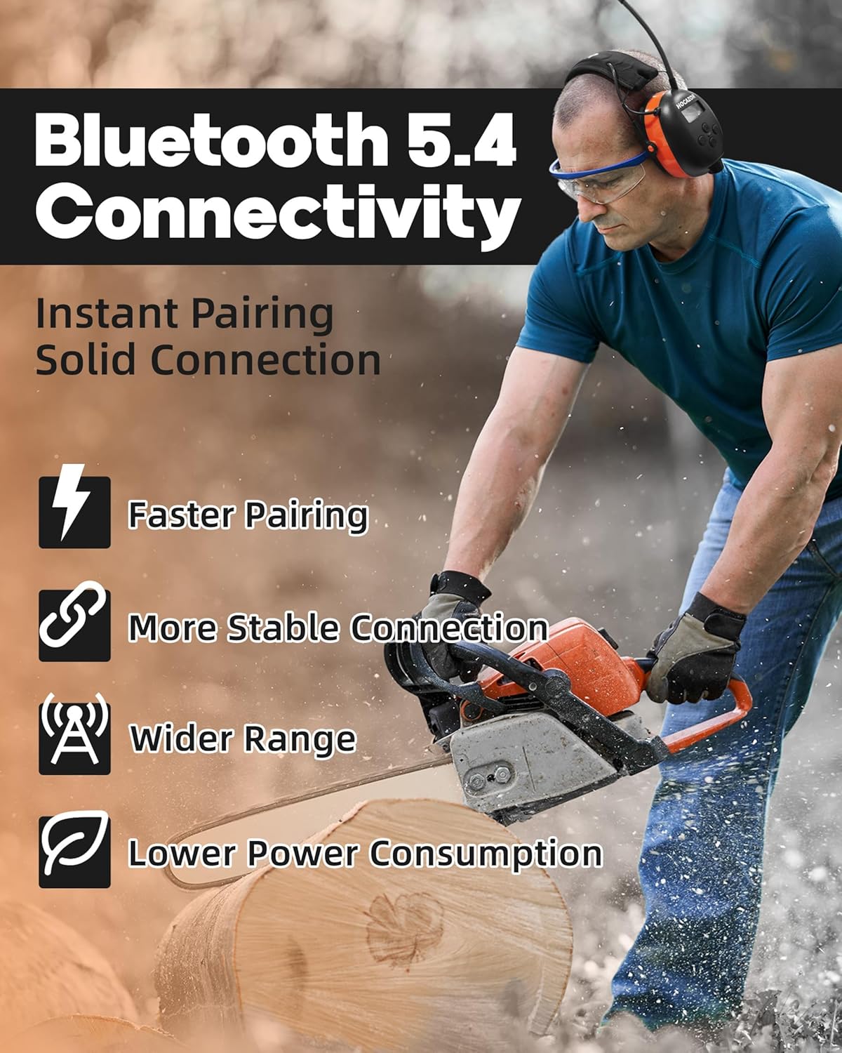 HP033 Pro Bluetooth 5.4 AM FM Radio Headphones with Type-C Charge Port Ear Protection Rechargeable Safety Earmuffs for Mowing Workshops Orange - Image 3