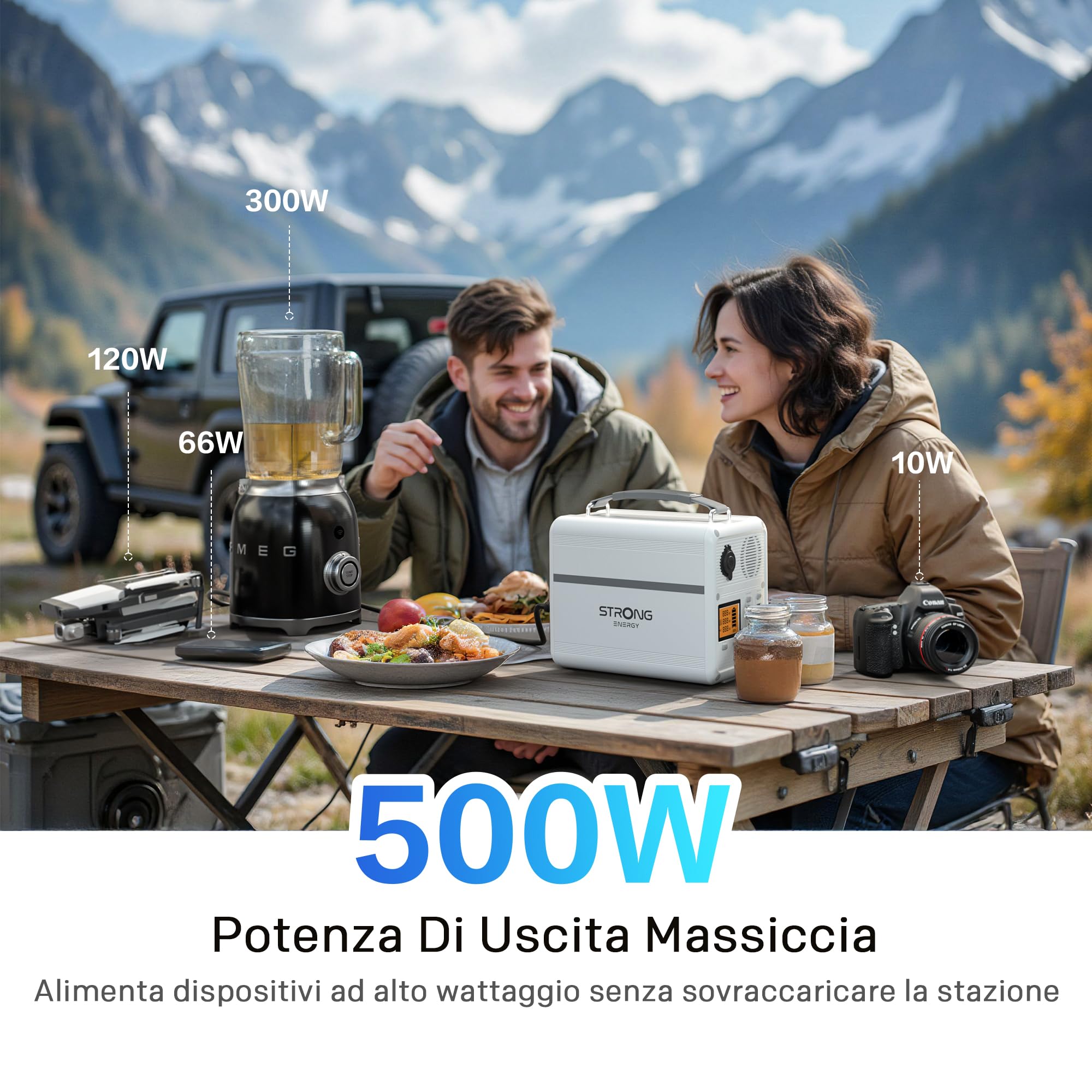 STRONG P500 Stazione Elettrica Portatile, Batteria LFP 460,8Wh, Generatore Solare 500W Peak, Ricarica Solare/DC/Auto, Tecnologia MPPT, Protezione BMS, QC3.0+PD100W per Campeggio, Viaggi ed Emergenze