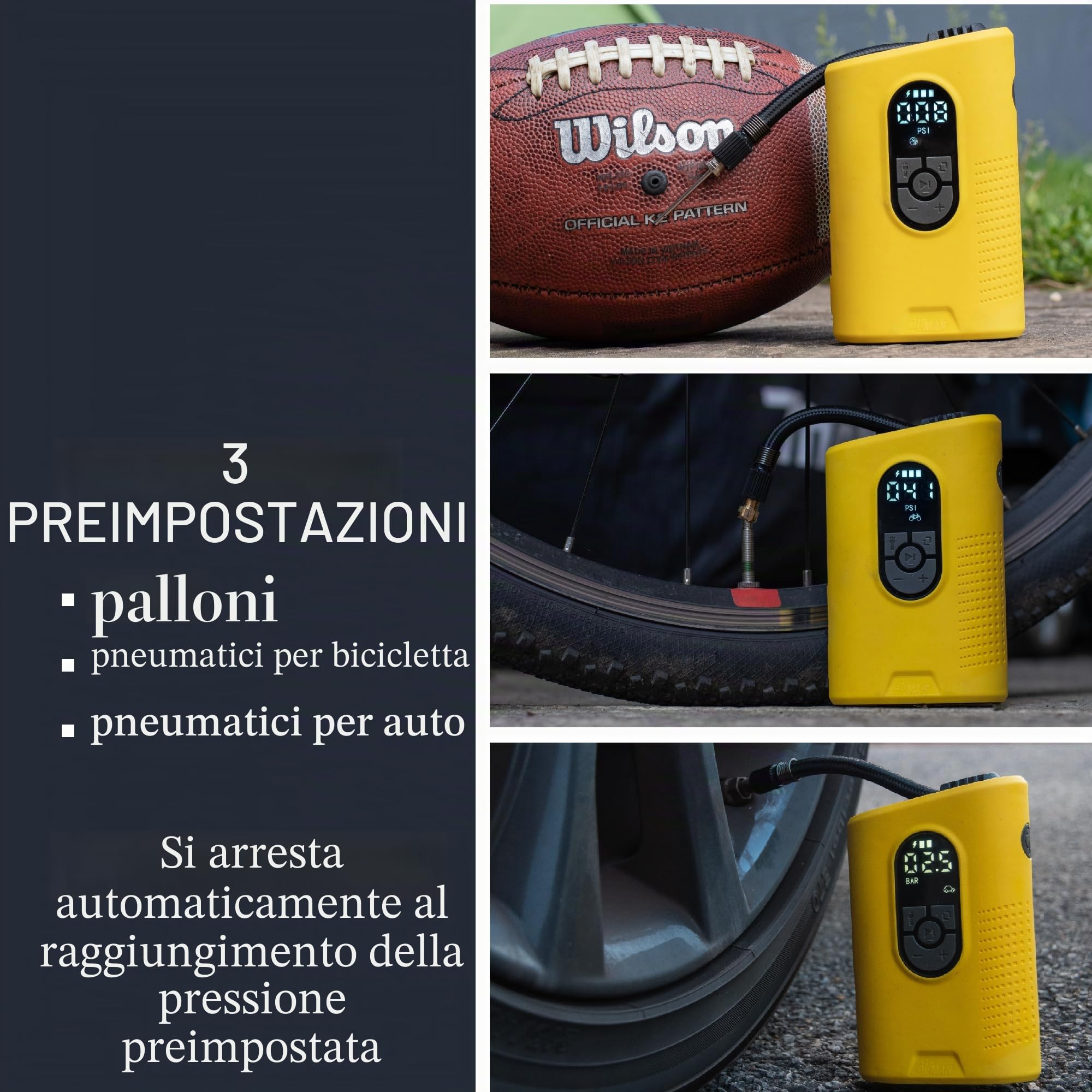 AirMan Gonfiatore per pneumatici alimentato a batteria, 2200 mAh, senza fili, con luce LED, max 110 psi, per pneumatici da bicicletta e palloni sportivi