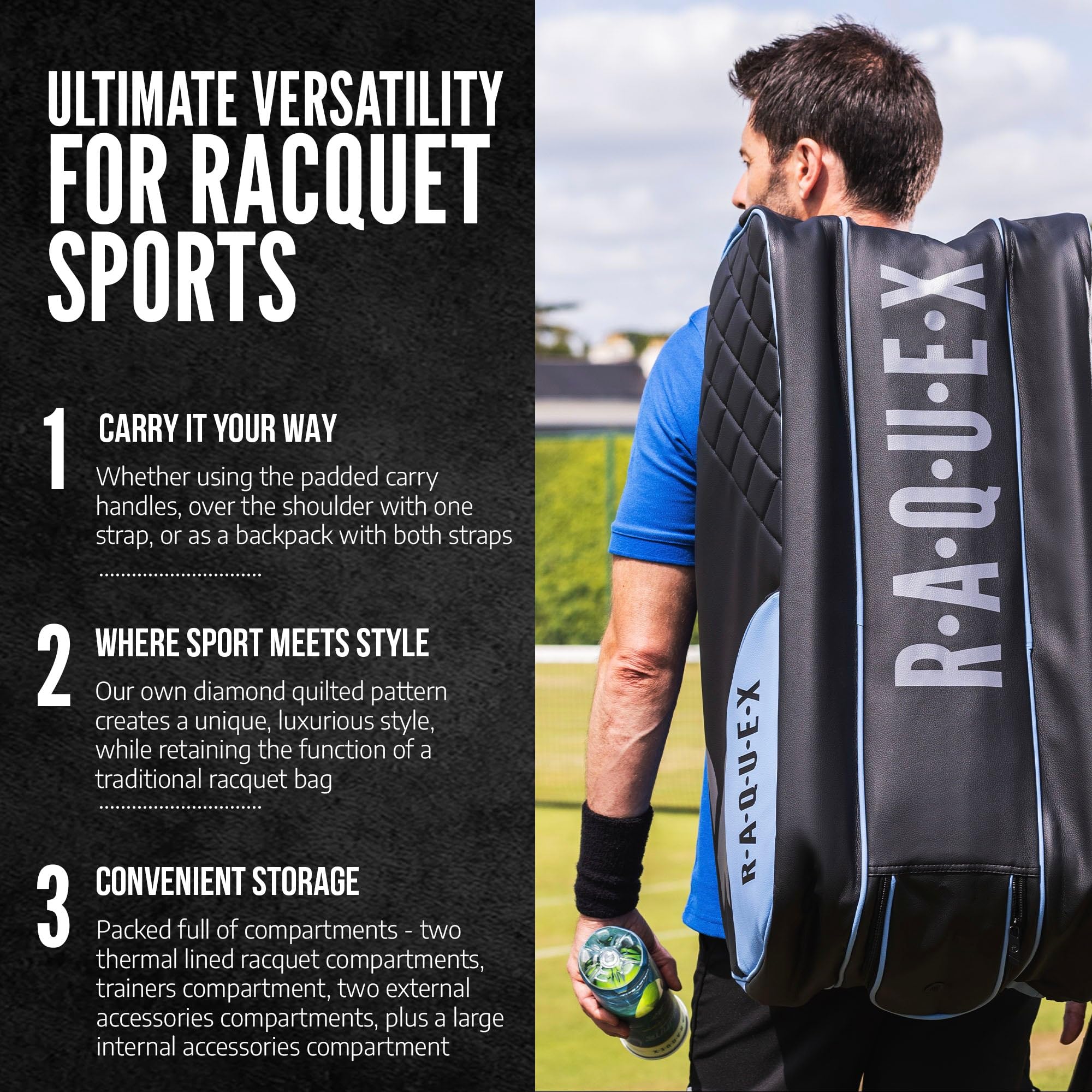 Raquex Elite - Borsa per 6 racchette da tennis, in pelle sintetica, trapuntata, con fodera termica, scomparto per scarpe, badminton, squash, per uomo e donna