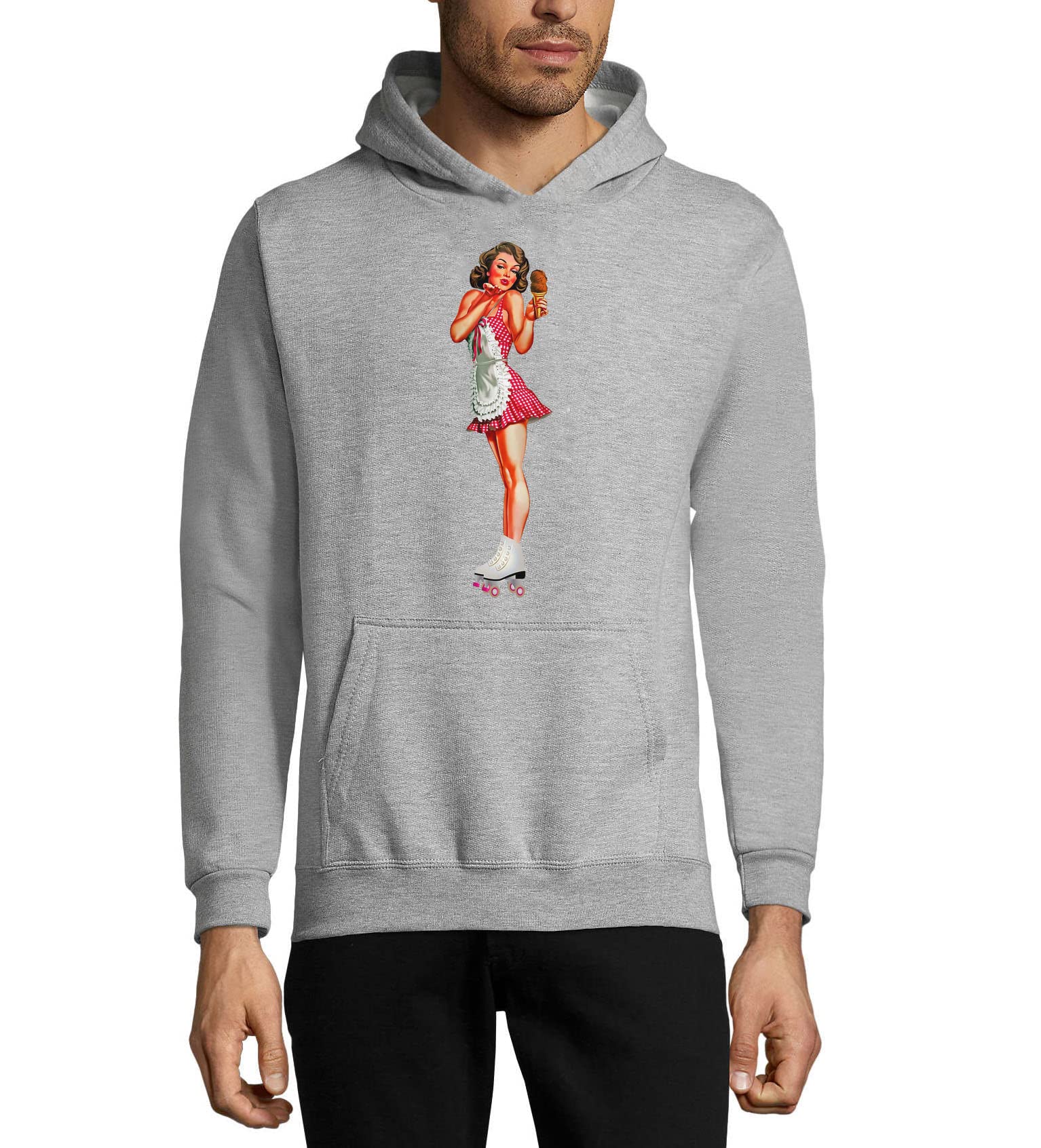 Retro Wrotki Cafe Skater Pin Up Girl Unisex Mieszanka Bawełny Bluza z Kapturem Szary