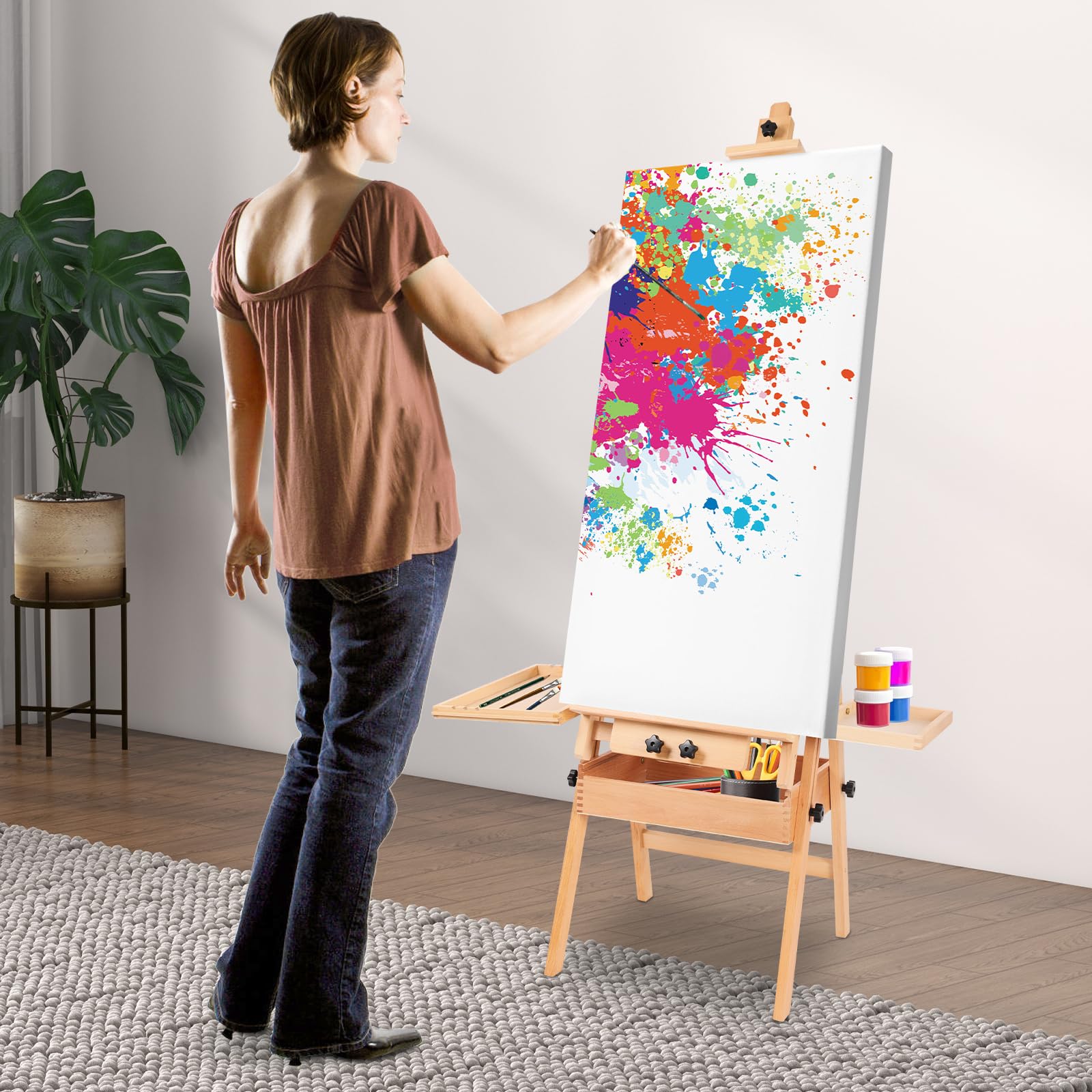 Verstellbarer Malständer, Staffelei aus Holz mit Ablagefach, Atelierstaffelei für Kinder & Erwachsene Kunstunterricht, 44×91×122-207cm (Log Farbe)